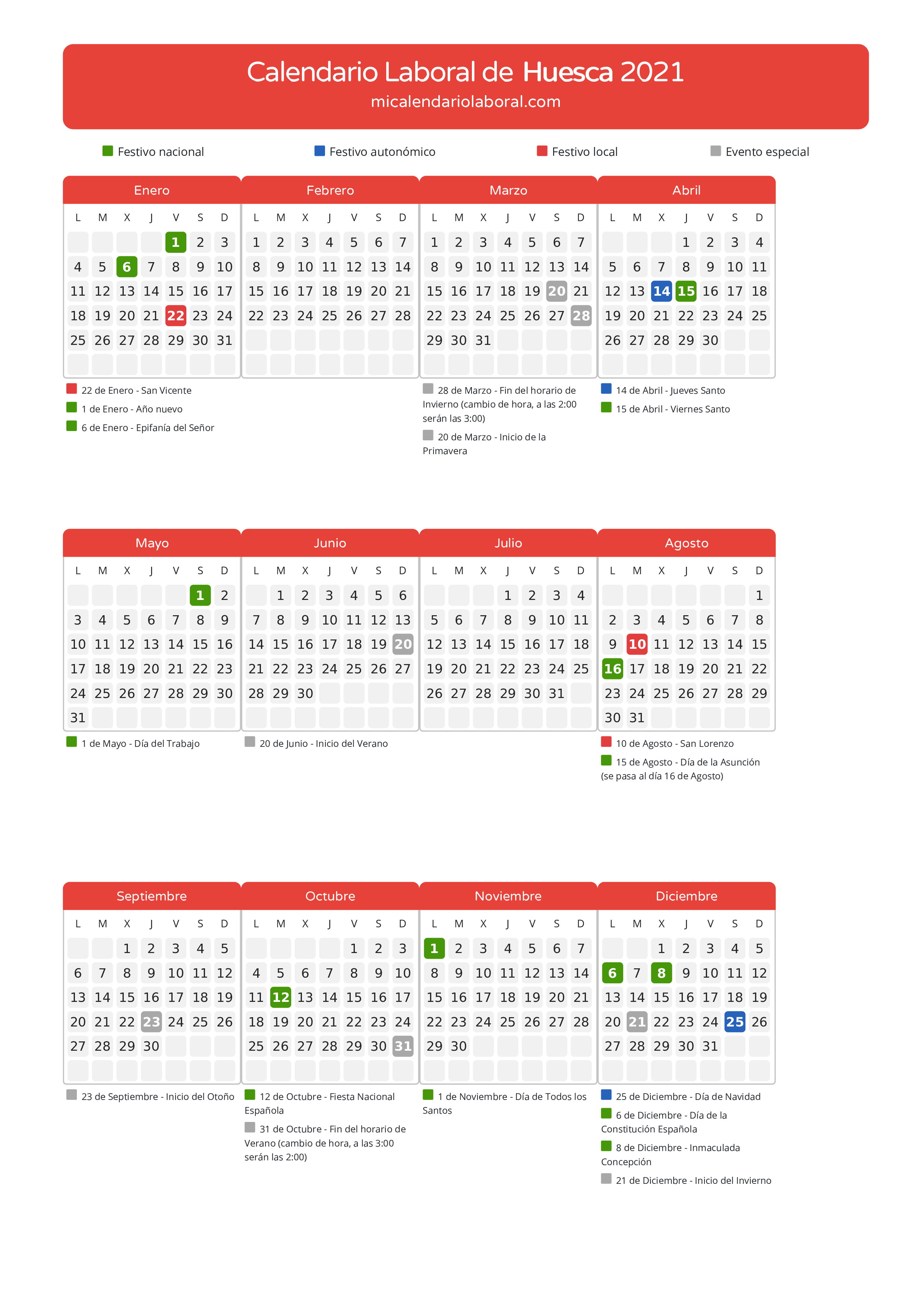 Calendario Laboral de Huesca 2021 - Días festivos - Descubre todos los festivos, días no laborables y días inhábiles en el calendario de Huesca propuestos por Gobierno de Aragón. Organiza tus vacaciones y puentes en 2021.