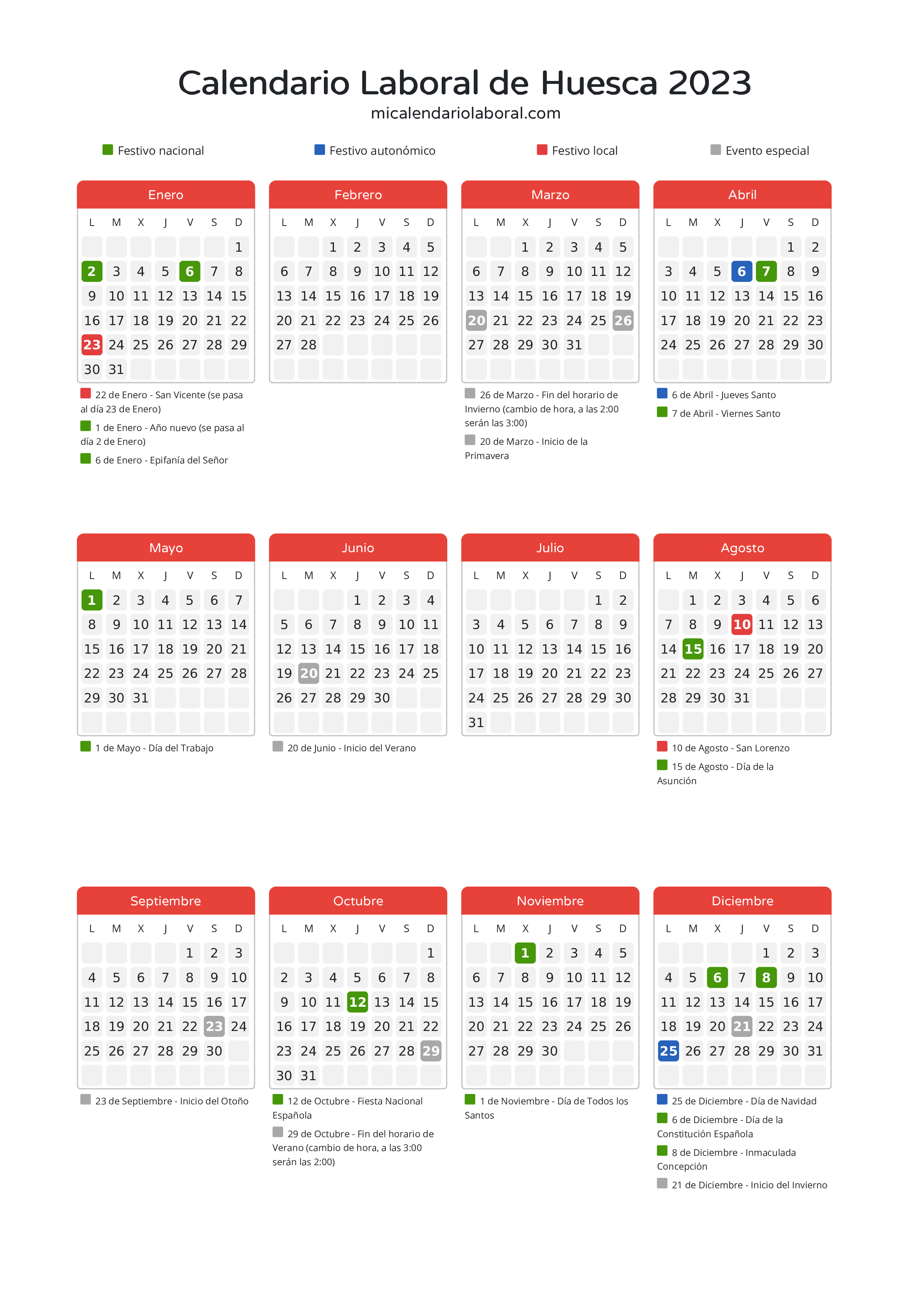 Calendario Laboral de Huesca 2023 - Días festivos - Aquí tienes todos los días festivos, no laborables y días inhábiles de la provincia del calendario de Huesca del año 2023