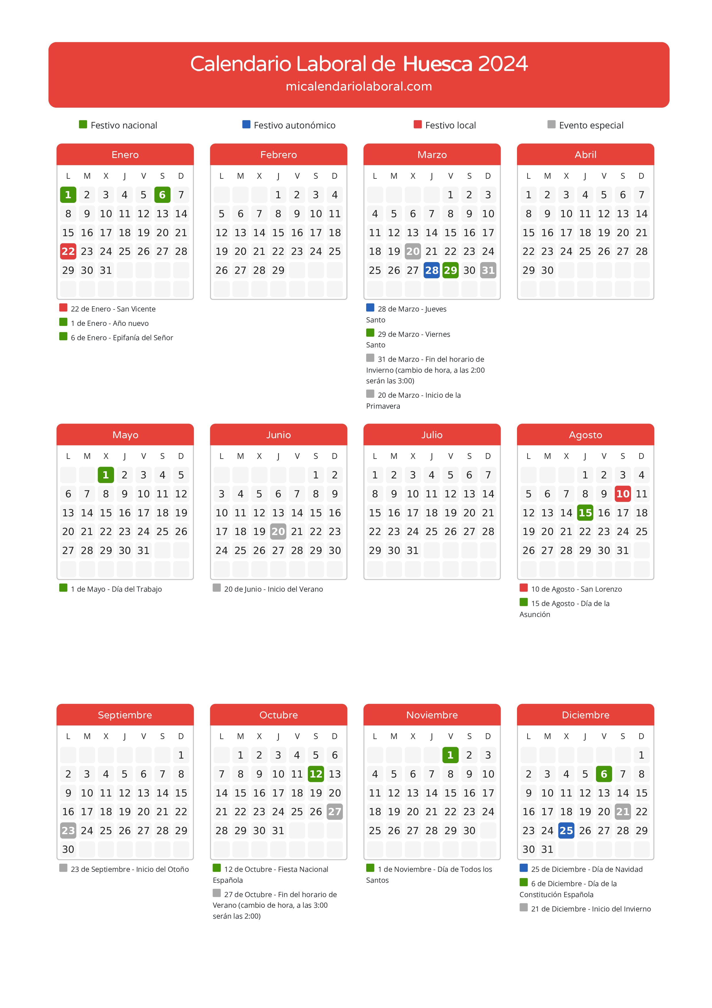 Calendario Laboral de Huesca 2024 - Días festivos - Aquí tienes todos los días festivos, no laborables y días inhábiles de la provincia del calendario de Huesca del año 2024