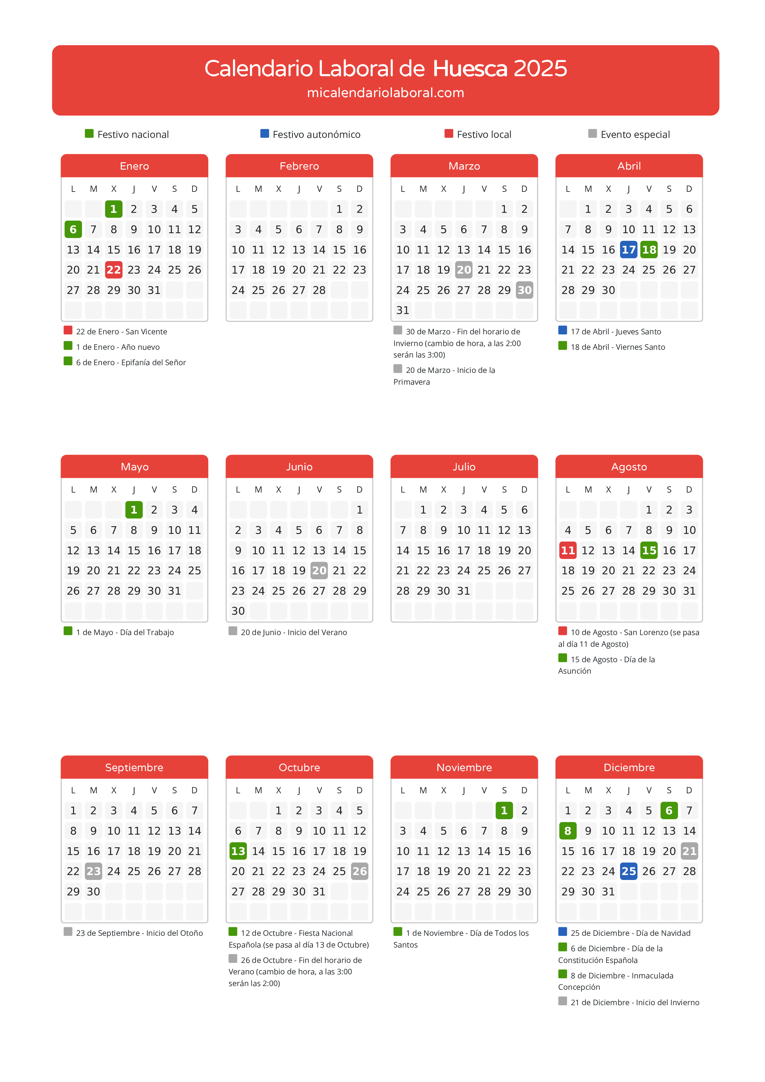 Calendario Laboral de Huesca 2025 - Días festivos - Aquí tienes todos los días festivos, no laborables y días inhábiles de la provincia del calendario de Huesca del año 2025