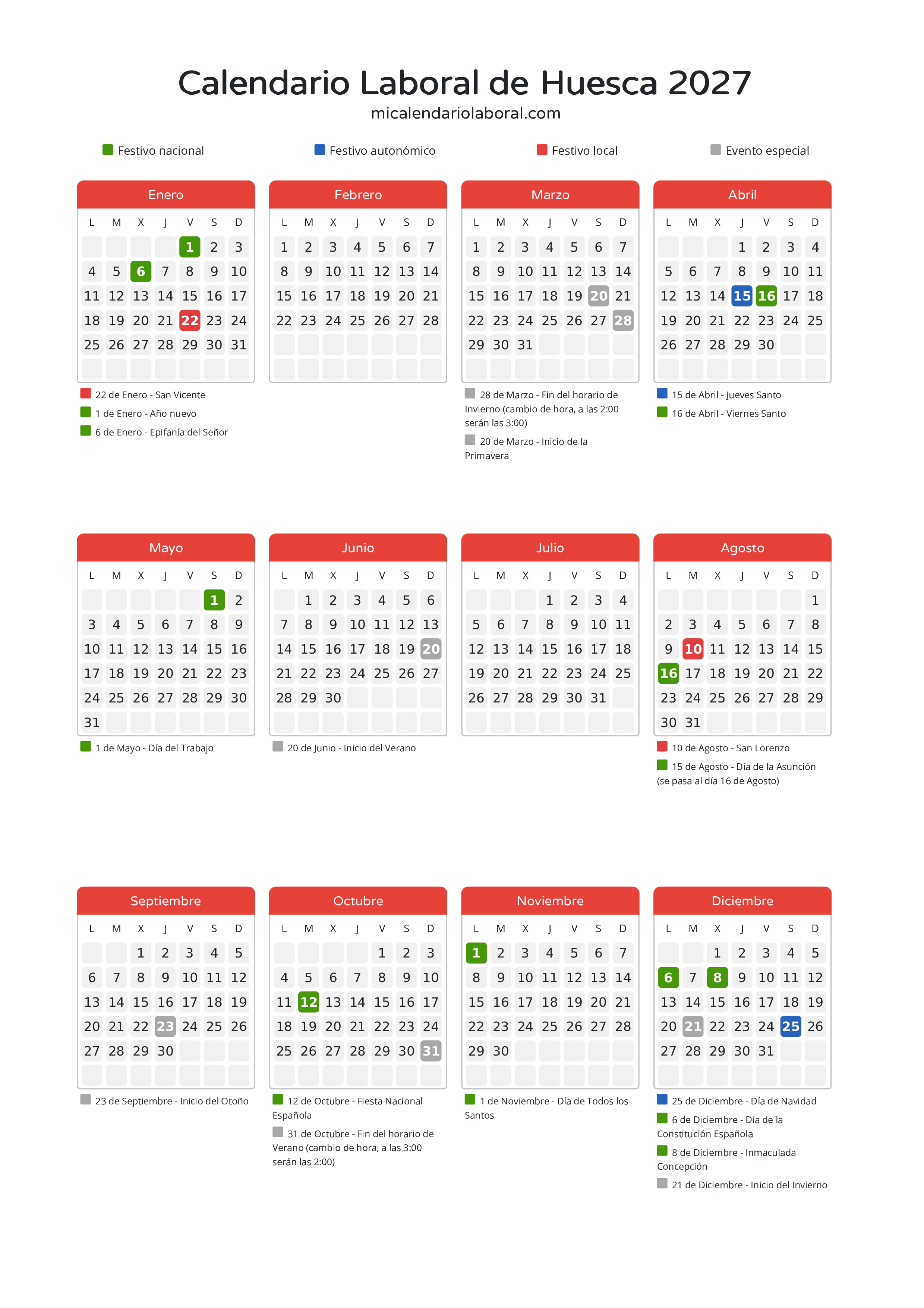 Calendario Laboral de Huesca 2027 - Días festivos - Descubre todos los festivos, días no laborables y días inhábiles en el calendario de Huesca propuestos por Gobierno de Aragón. Organiza tus vacaciones y puentes en 2027.