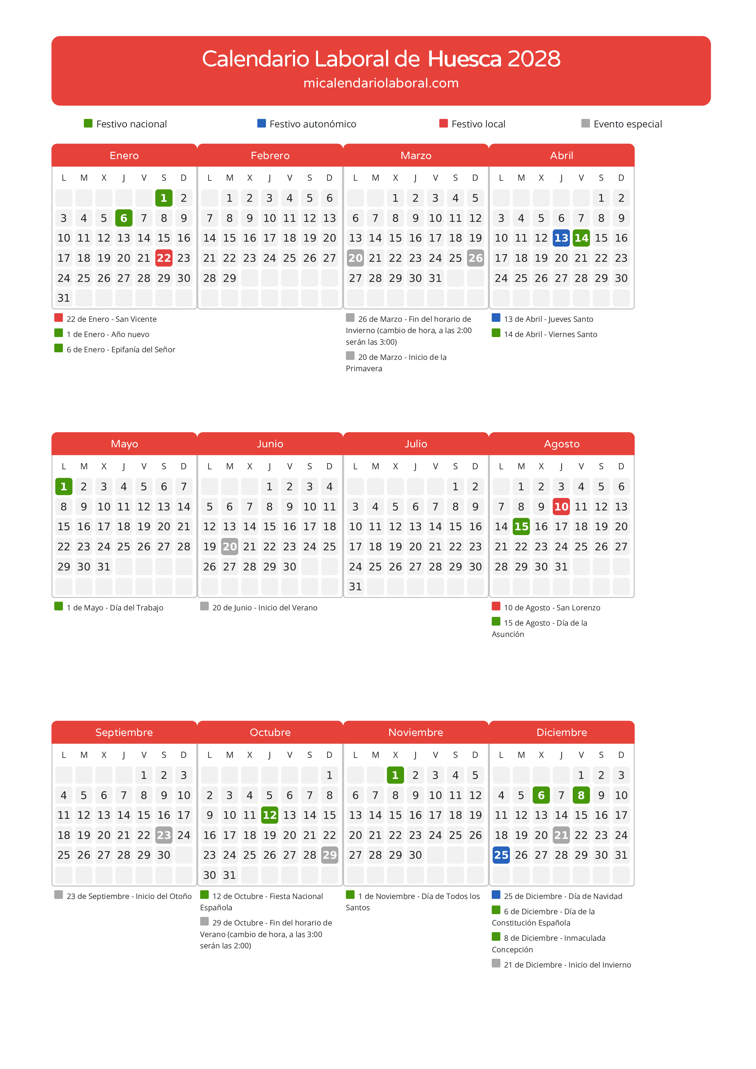 Calendario Laboral de Huesca 2028 - Días festivos - Descubre todos los festivos, días no laborables y días inhábiles en el calendario de Huesca propuestos por Gobierno de Aragón. Organiza tus vacaciones y puentes en 2028.