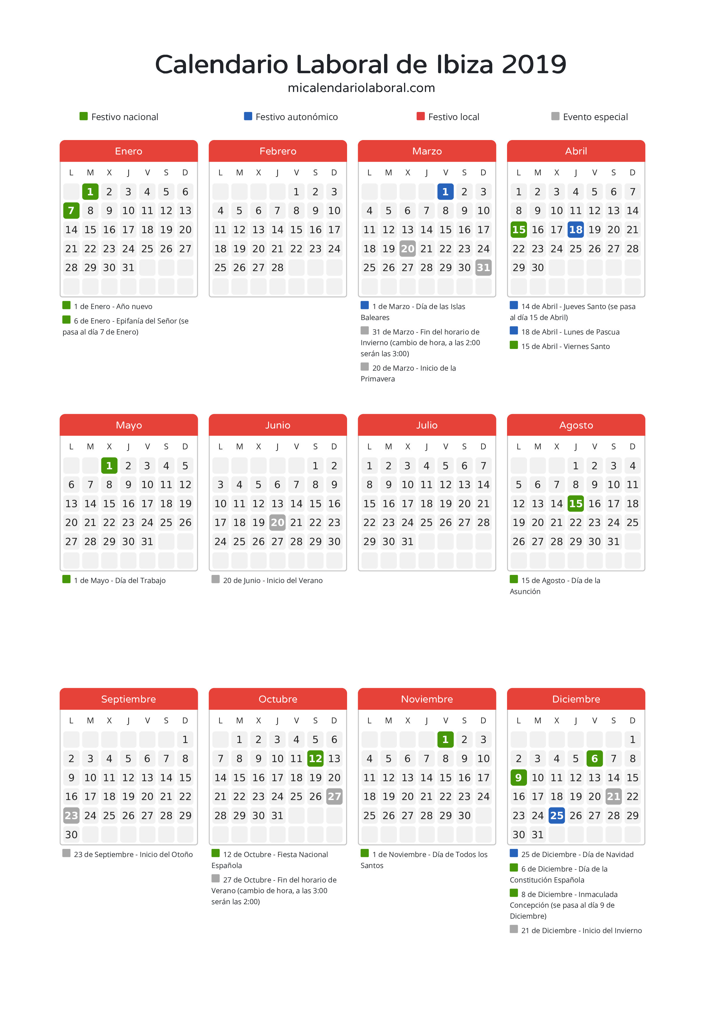 Calendario Laboral de Ibiza 2019 - Días festivos - Descubre todos los festivos, días no laborables y días inhábiles en el calendario de Ibiza propuestos por Govern de les Illes Balears. Organiza tus vacaciones y puentes en 2019.
