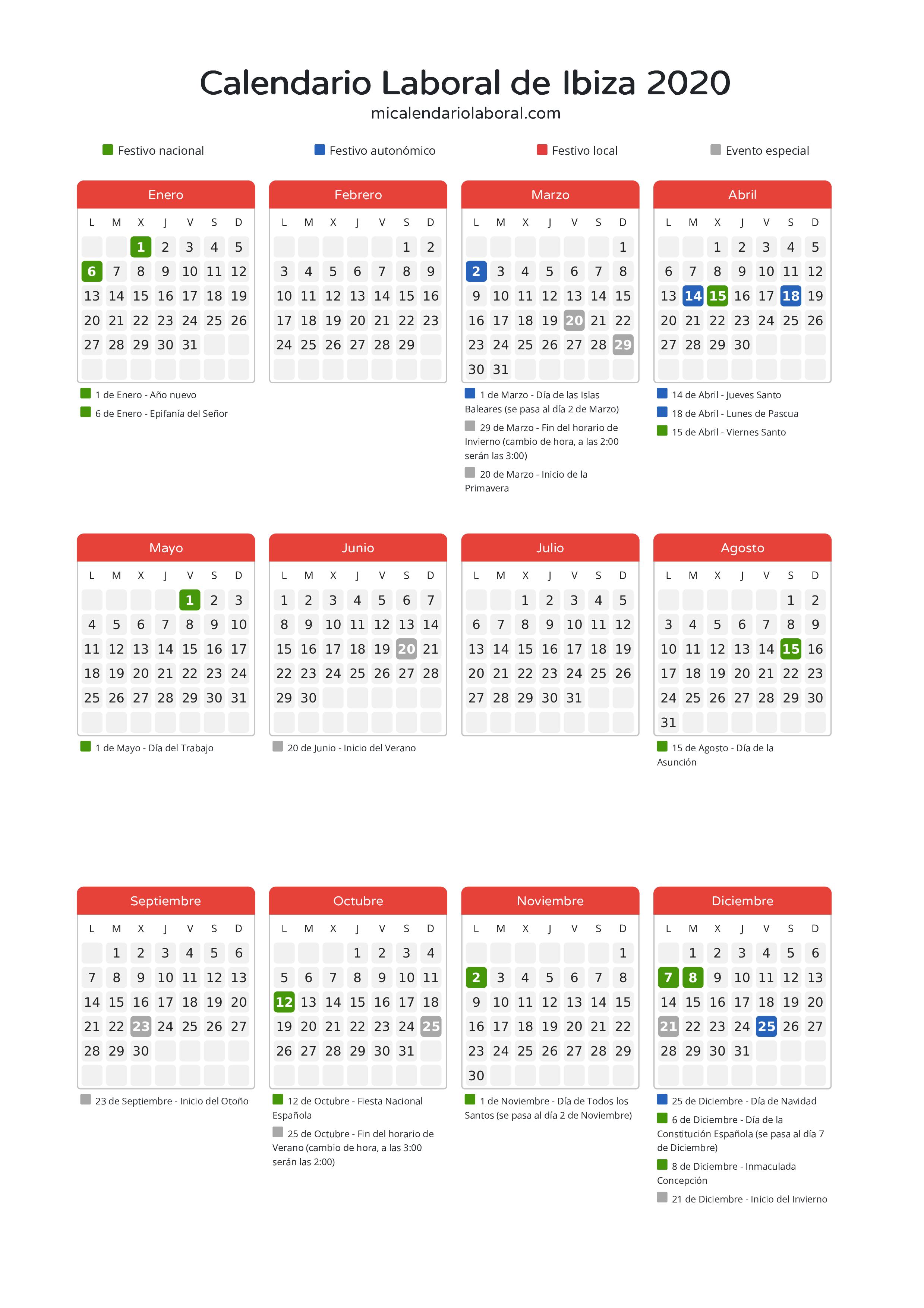 Calendario Laboral de Ibiza 2020 - Días festivos - Descubre todos los festivos, días no laborables y días inhábiles en el calendario de Ibiza propuestos por Govern de les Illes Balears. Organiza tus vacaciones y puentes en 2020.