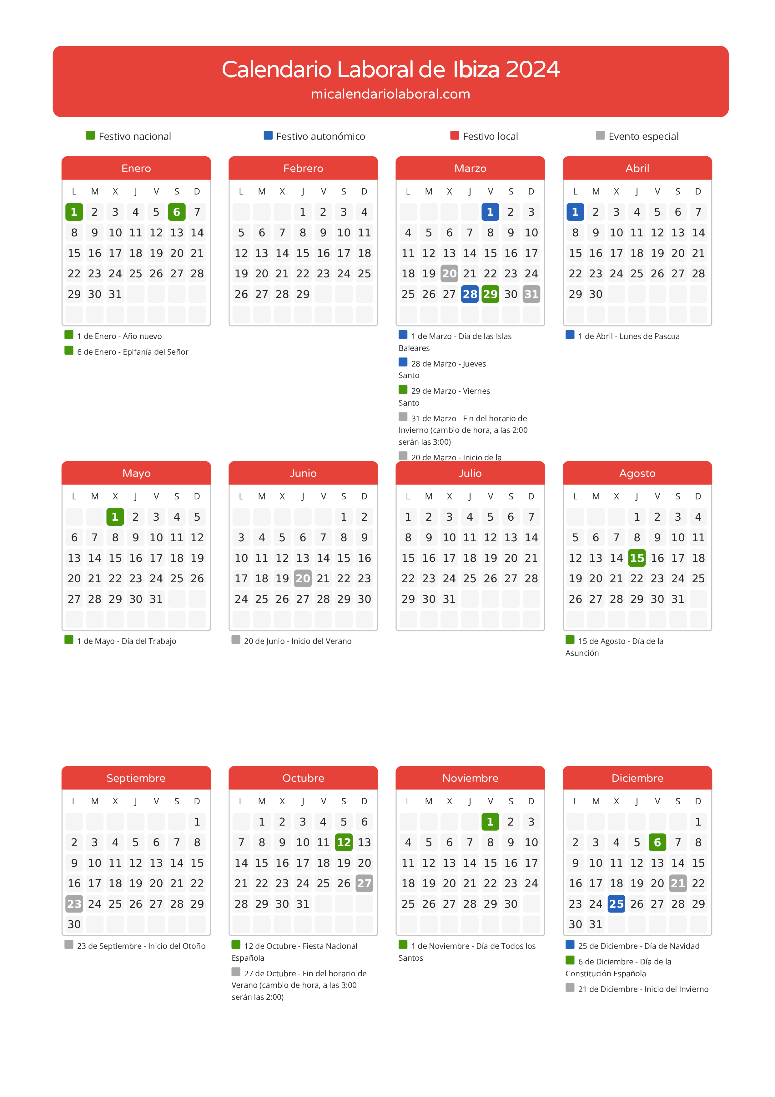 Calendario Laboral de Ibiza 2024 - Días festivos - Aquí tienes todos los días festivos, no laborables y días inhábiles de la provincia del calendario de Ibiza del año 2024