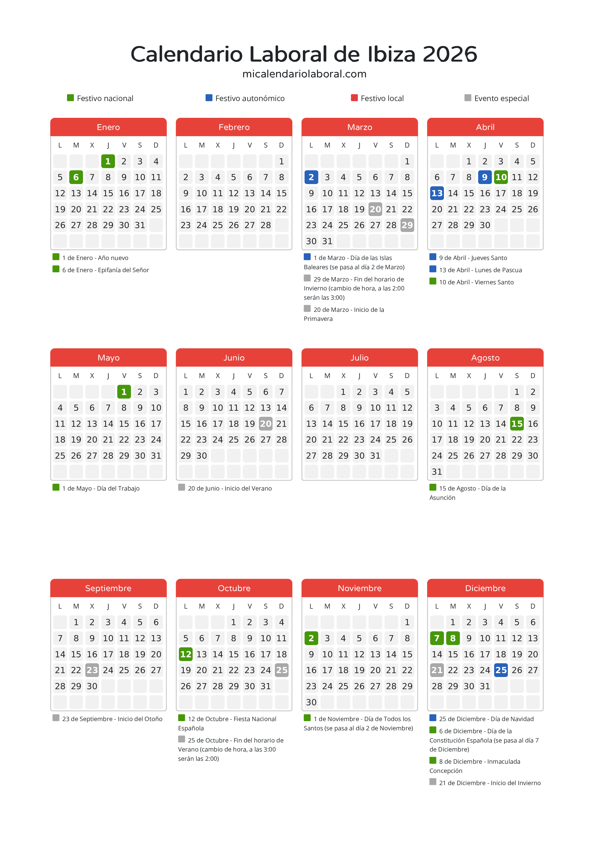 Calendario Laboral de Ibiza 2026 - Días festivos - Descubre todos los festivos, días no laborables y días inhábiles en el calendario de Ibiza propuestos por Govern de les Illes Balears. Organiza tus vacaciones y puentes en 2026.