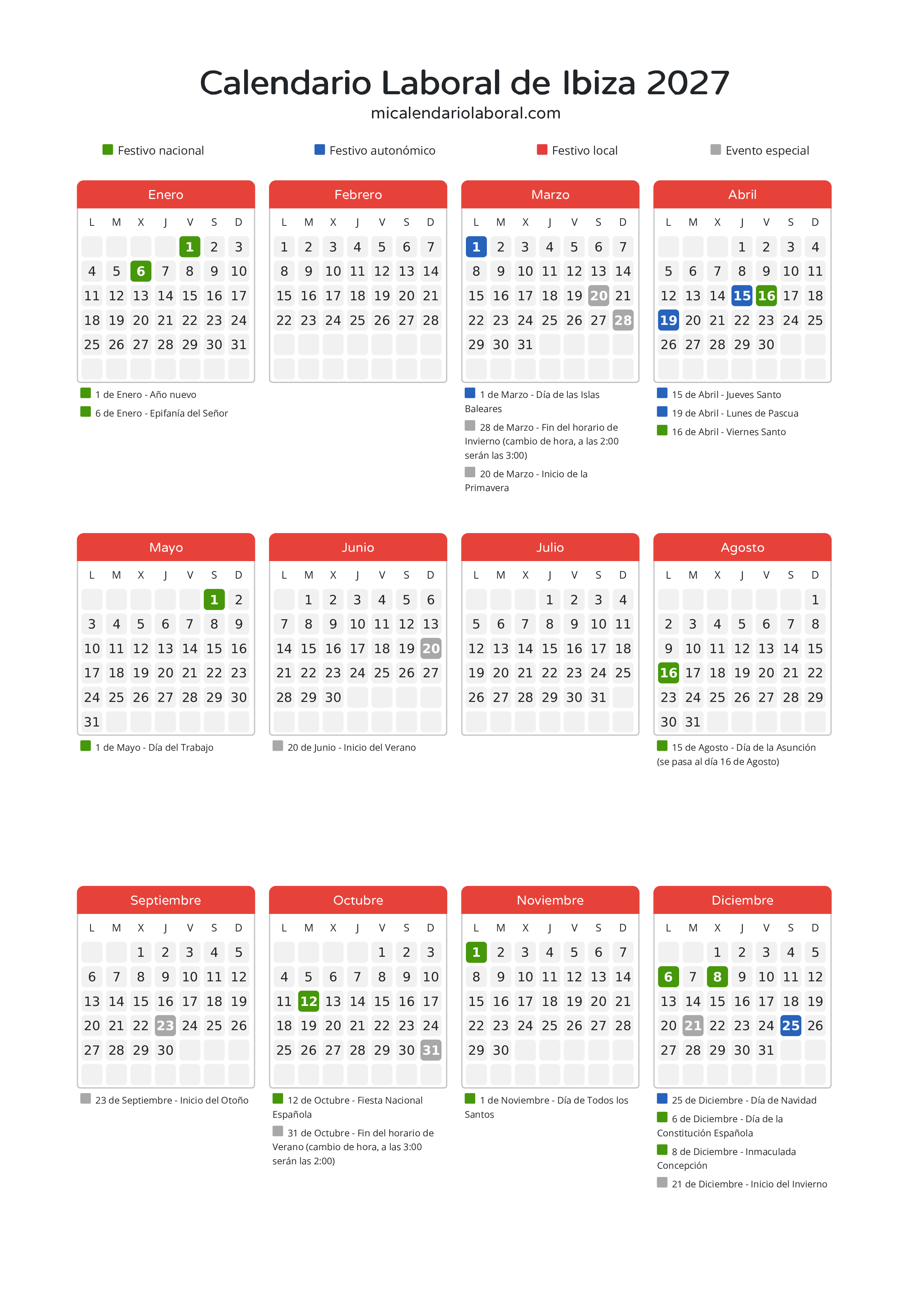 Calendario Laboral de Ibiza 2027 - Días festivos - Descubre todos los festivos, días no laborables y días inhábiles en el calendario de Ibiza propuestos por Govern de les Illes Balears. Organiza tus vacaciones y puentes en 2027.