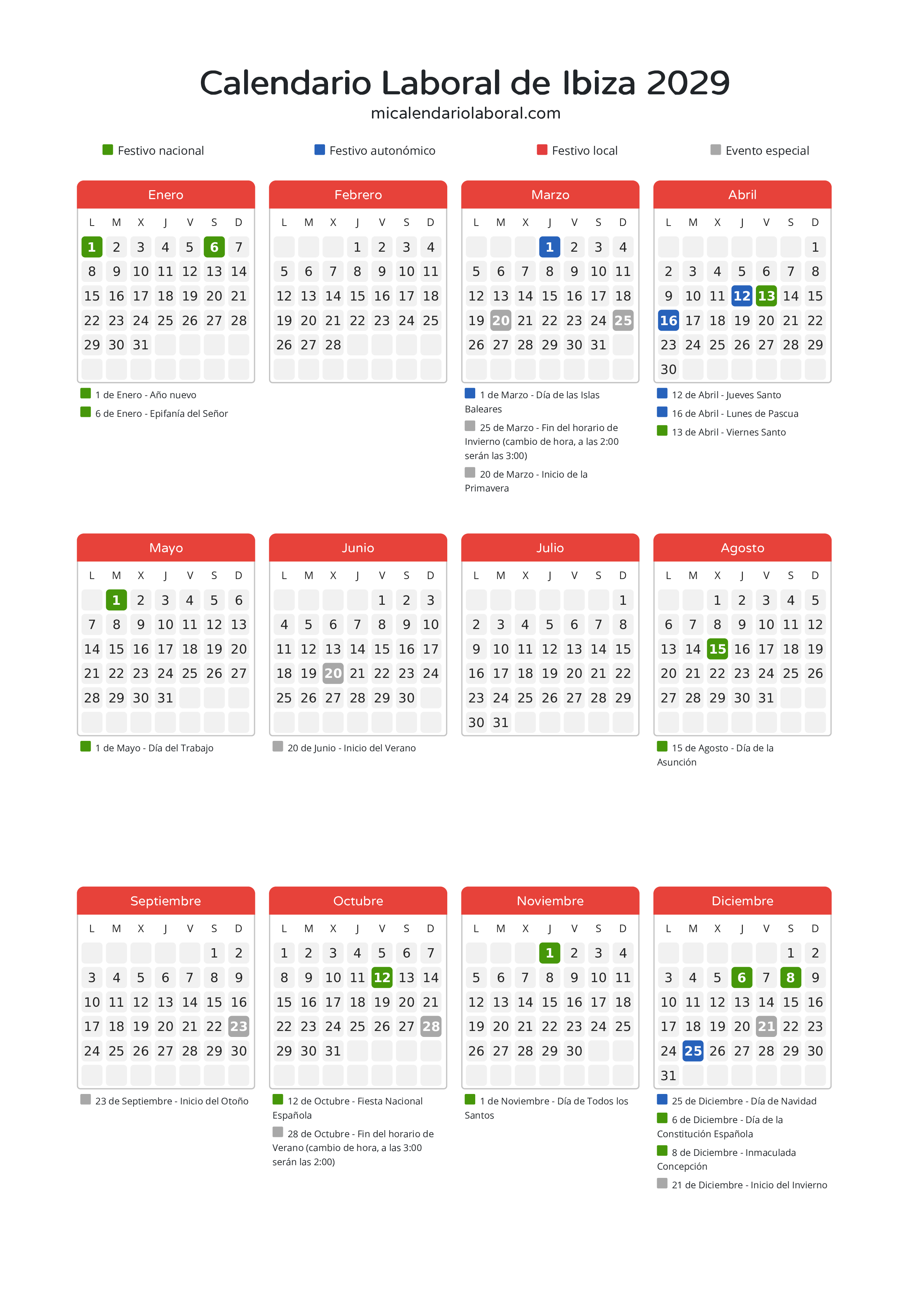 Calendario Laboral de Ibiza 2029 - Días festivos - Descubre todos los festivos, días no laborables y días inhábiles en el calendario de Ibiza propuestos por Govern de les Illes Balears. Organiza tus vacaciones y puentes en 2029.