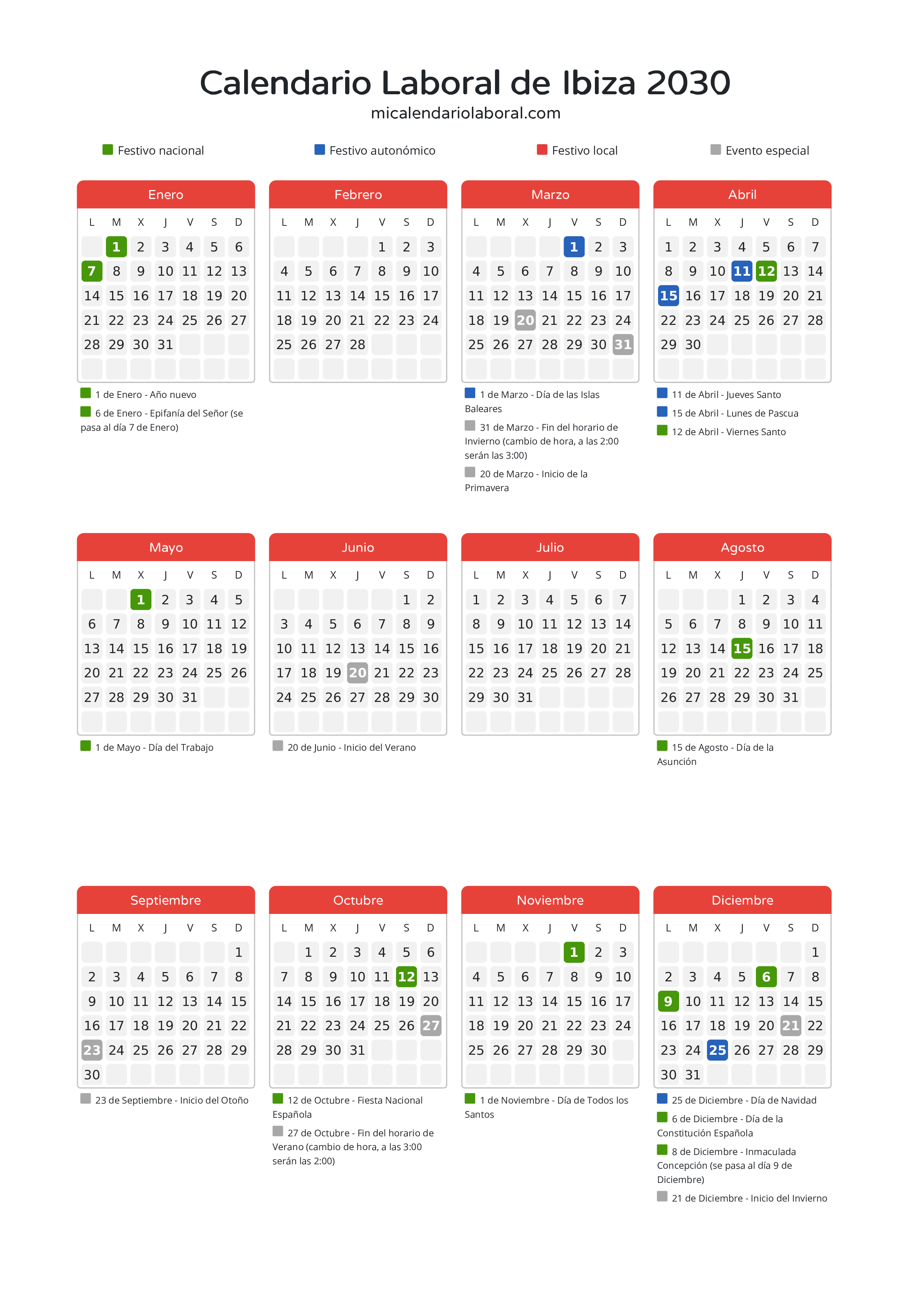 Calendario Laboral de Ibiza 2030 - Días festivos - Todos los festivos y días no laborables del calendario de Ibiza propuestos por Govern de les Illes Balears. Organiza tus vacaciones y puentes en 2030.