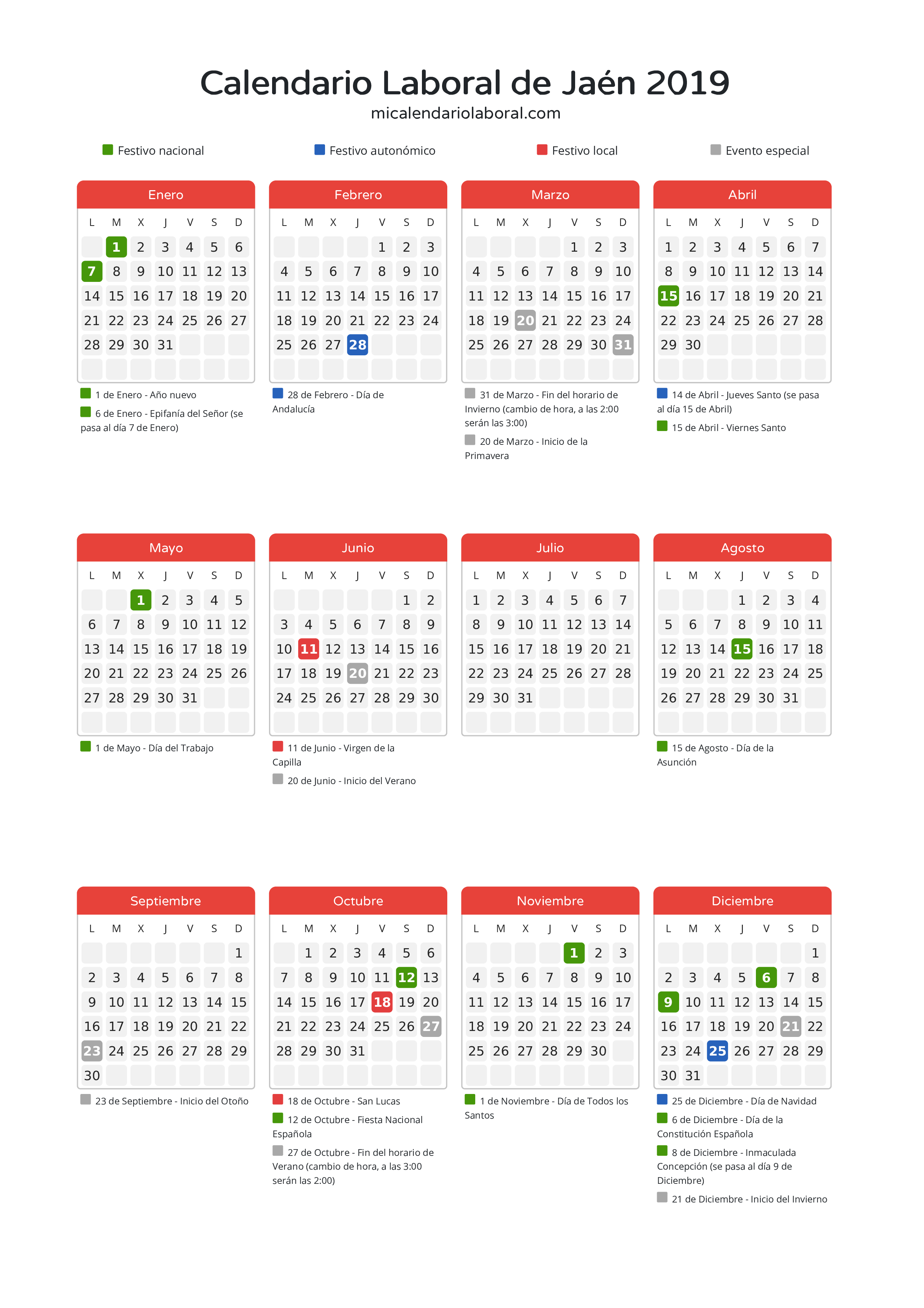 Calendario Laboral de Jaén 2019 - Días festivos - Descubre todos los festivos, días no laborables y días inhábiles en el calendario de Jaén propuestos por Junta de Andalucía. Organiza tus vacaciones y puentes en 2019.
