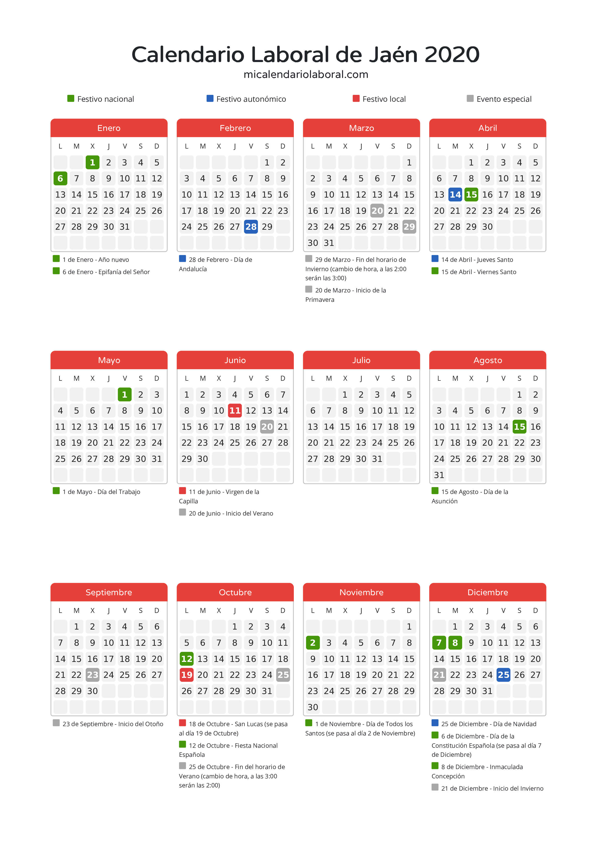 Calendario Laboral de Jaén 2020 - Días festivos - Descubre todos los festivos, días no laborables y días inhábiles en el calendario de Jaén propuestos por Junta de Andalucía. Organiza tus vacaciones y puentes en 2020.