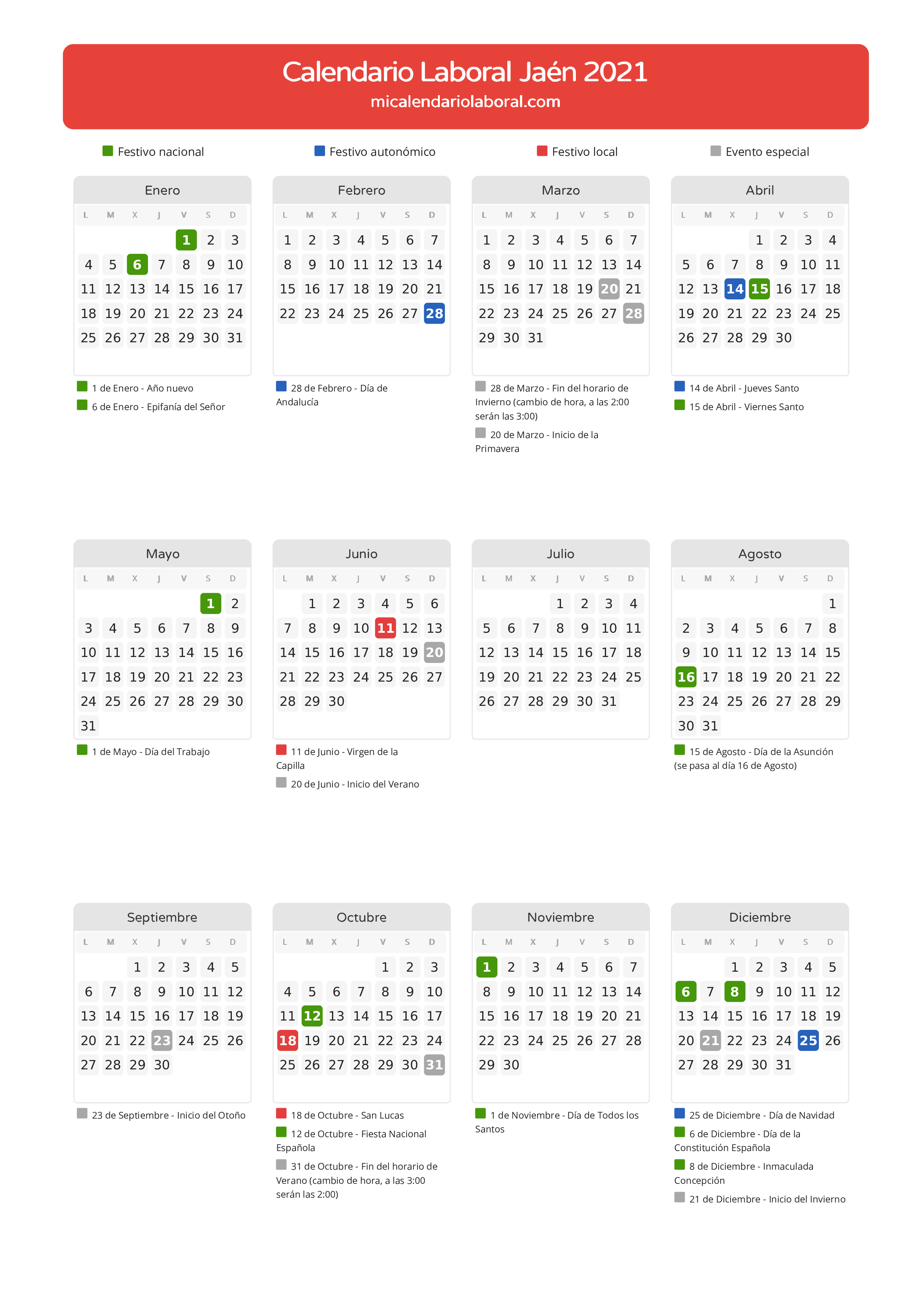 Calendario Laboral de Jaén 2021 - Días festivos - Todos los festivos y días no laborables del calendario de Jaén propuestos por Junta de Andalucía. Organiza tus vacaciones y puentes en 2021.