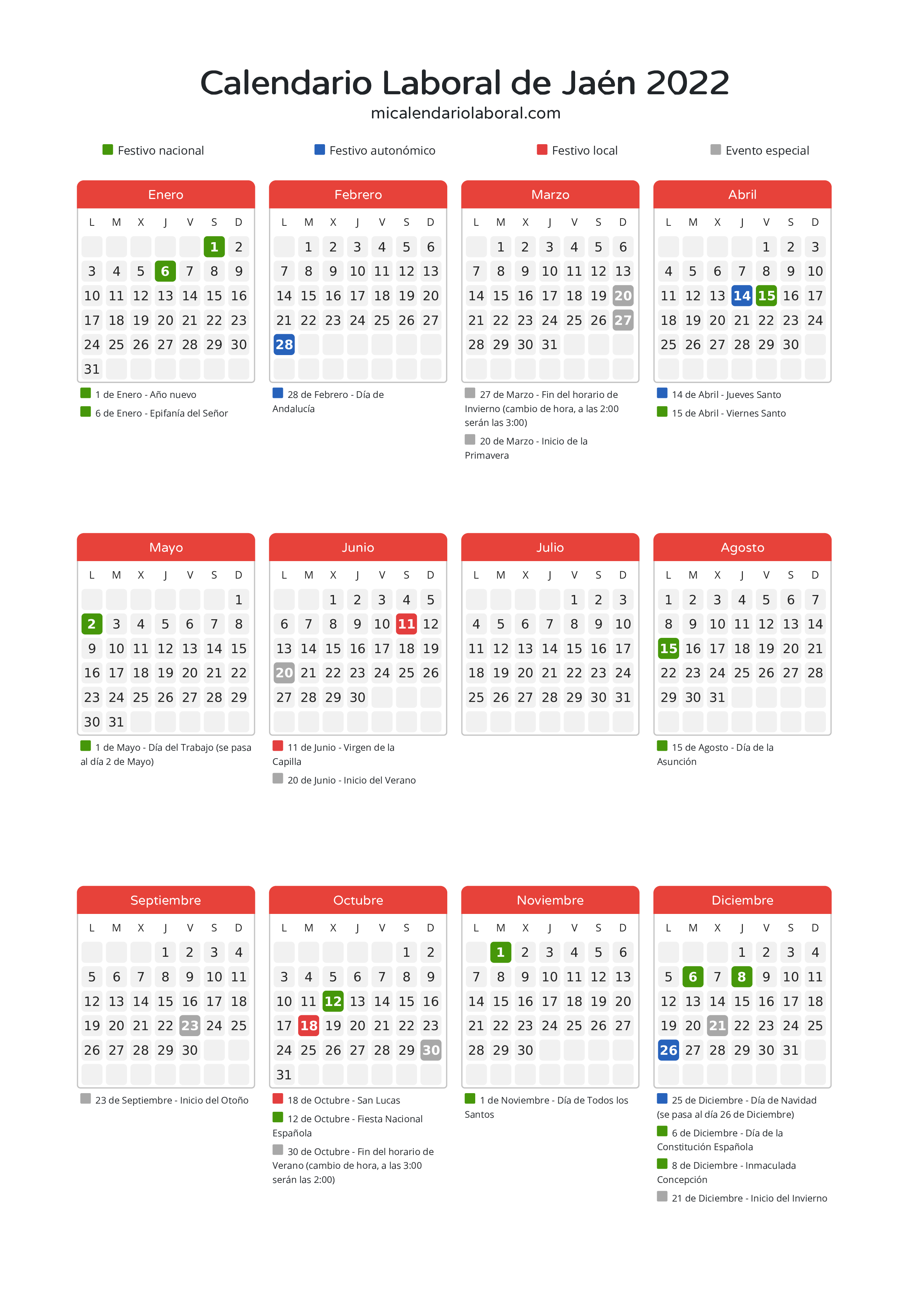 Calendario Laboral de Jaén 2022 - Días festivos - Descubre todos los festivos, días no laborables y días inhábiles en el calendario de Jaén propuestos por Junta de Andalucía. Organiza tus vacaciones y puentes en 2022.
