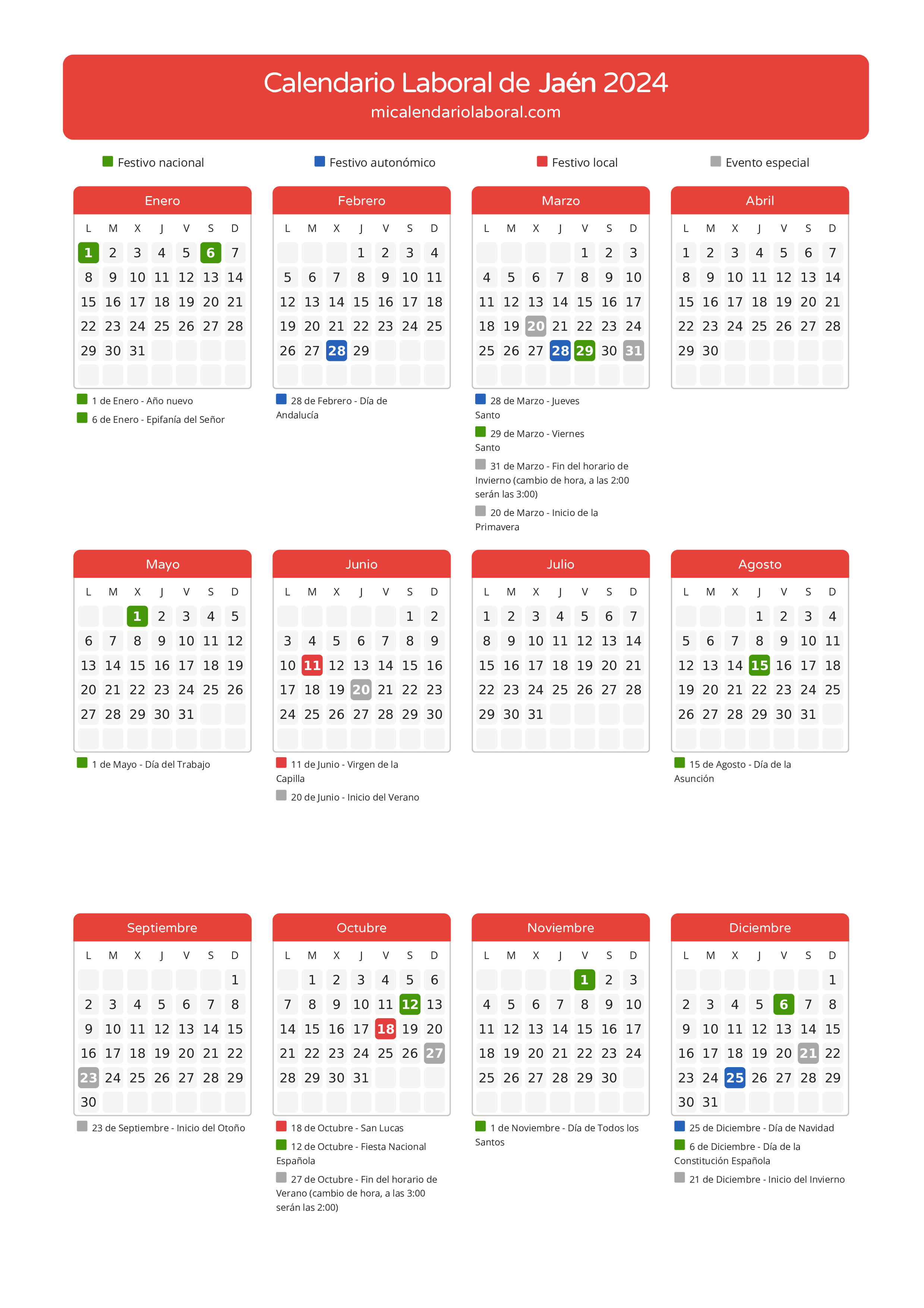 Calendario Laboral de Jaén 2024 - Días festivos - Descubre todos los festivos, días no laborables y días inhábiles en el calendario de Jaén propuestos por Junta de Andalucía. Organiza tus vacaciones y puentes en 2024.