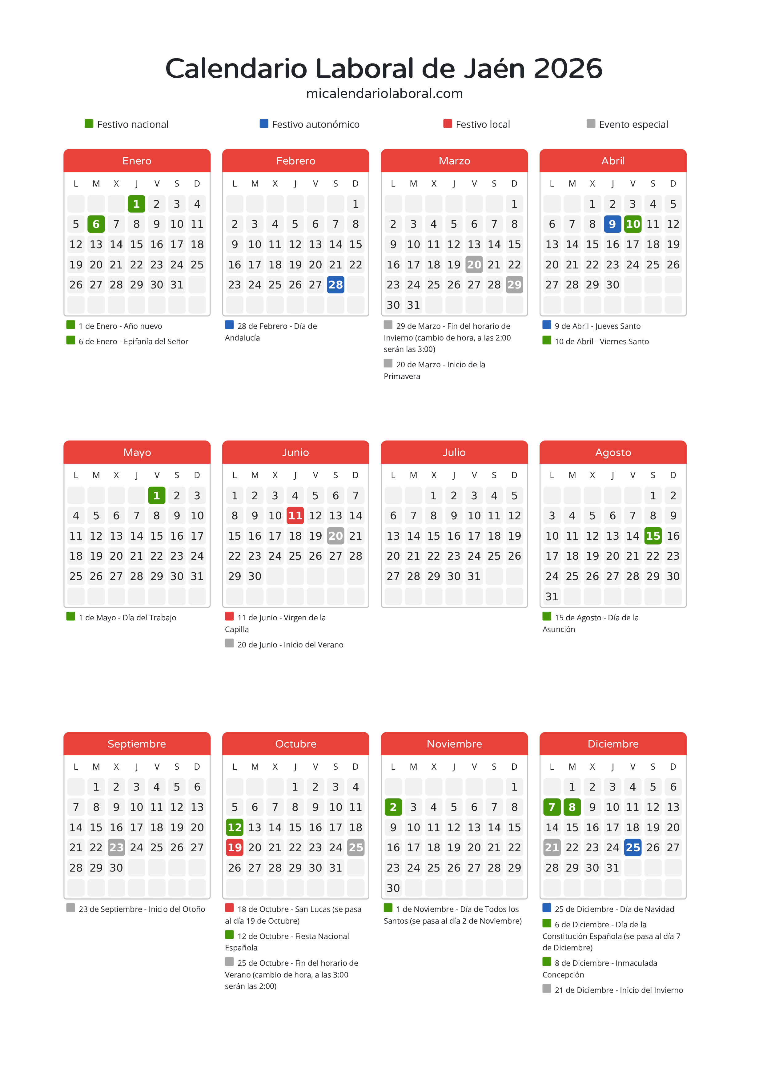 Calendario Laboral de Jaén 2026 - Días festivos - Descubre todos los festivos, días no laborables y días inhábiles en el calendario de Jaén propuestos por Junta de Andalucía. Organiza tus vacaciones y puentes en 2026.