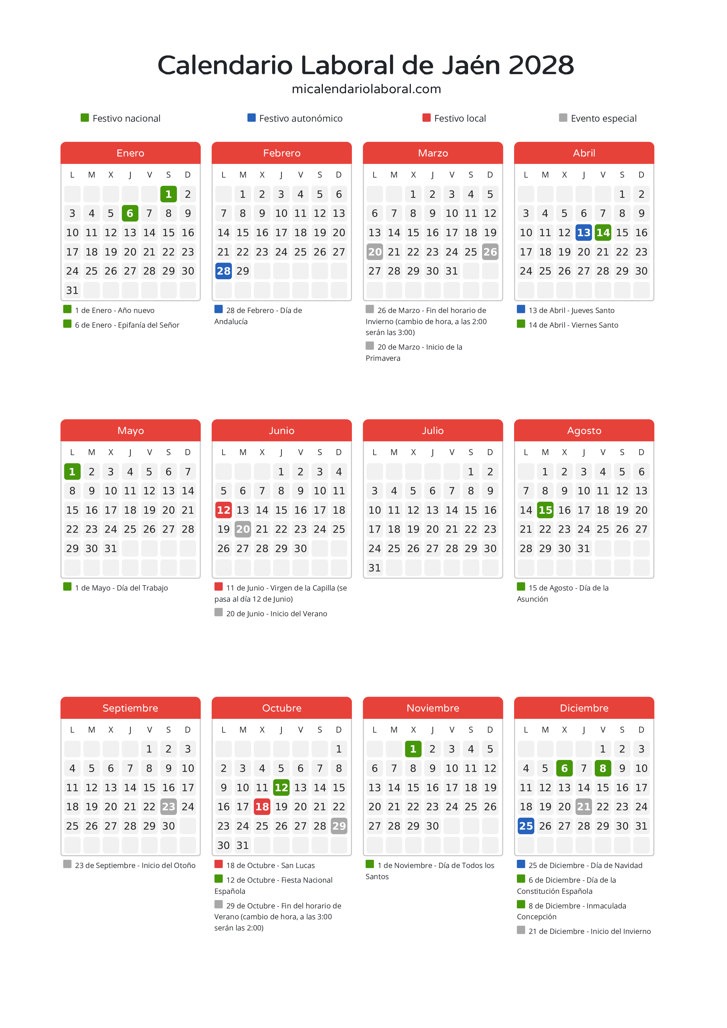 Calendario Laboral de Jaén 2028 - Días festivos - Descubre todos los festivos, días no laborables y días inhábiles en el calendario de Jaén propuestos por Junta de Andalucía. Organiza tus vacaciones y puentes en 2028.