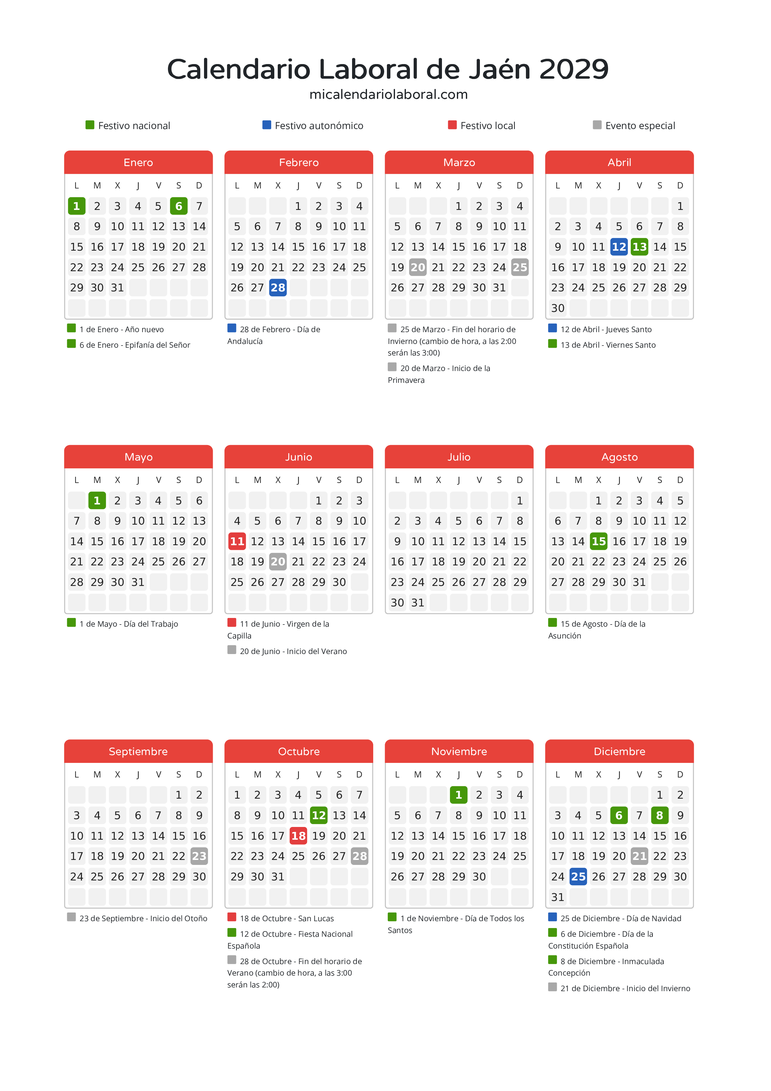 Calendario Laboral de Jaén 2029 - Días festivos - Descubre todos los festivos, días no laborables y días inhábiles en el calendario de Jaén propuestos por Junta de Andalucía. Organiza tus vacaciones y puentes en 2029.