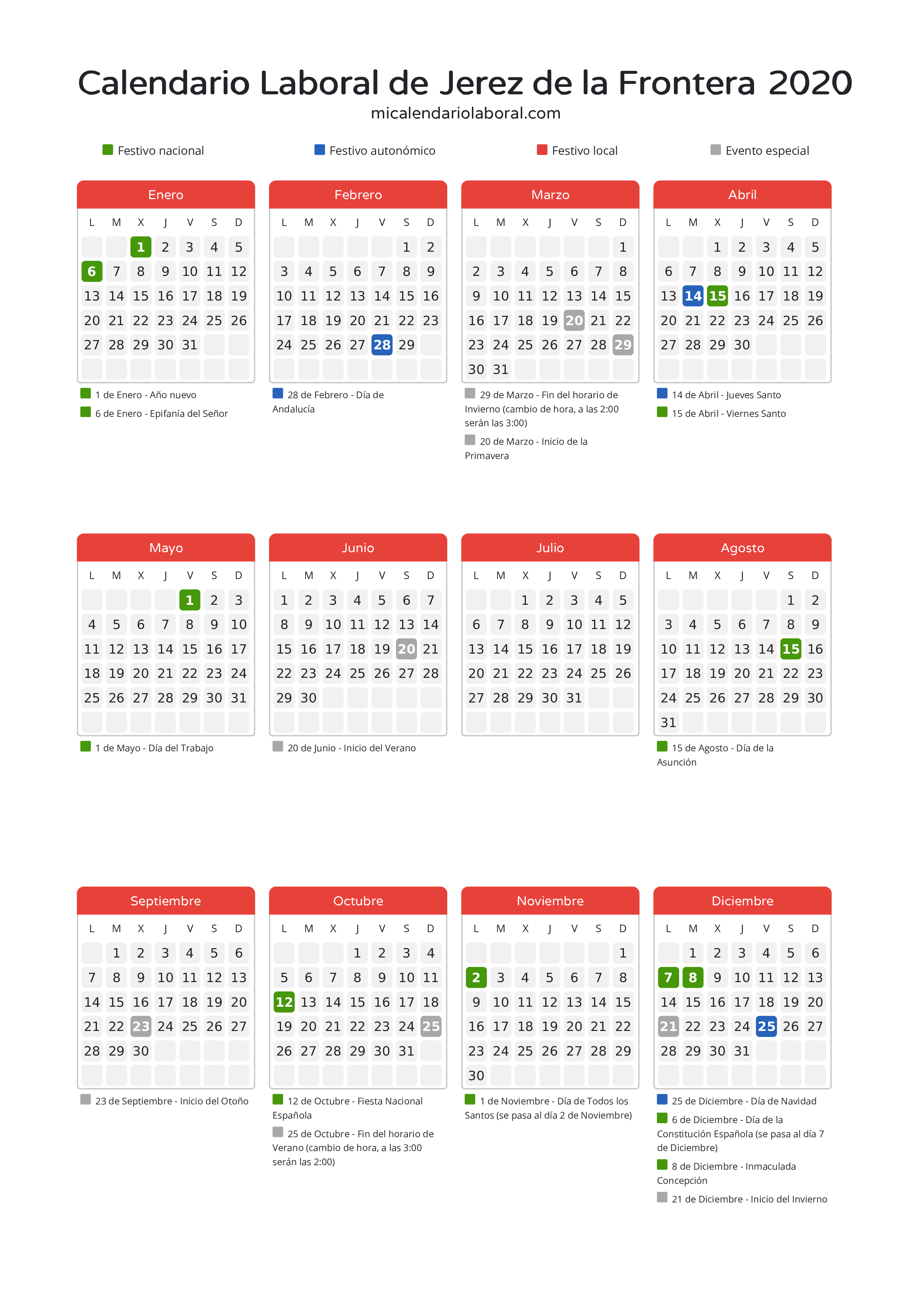 Calendario Laboral de Jerez de la Frontera 2020 - Días festivos - Descubre todos los festivos, días no laborables y días inhábiles en el calendario de Jerez de la Frontera propuestos por Junta de Andalucía. Organiza tus vacaciones y puentes en 2020.