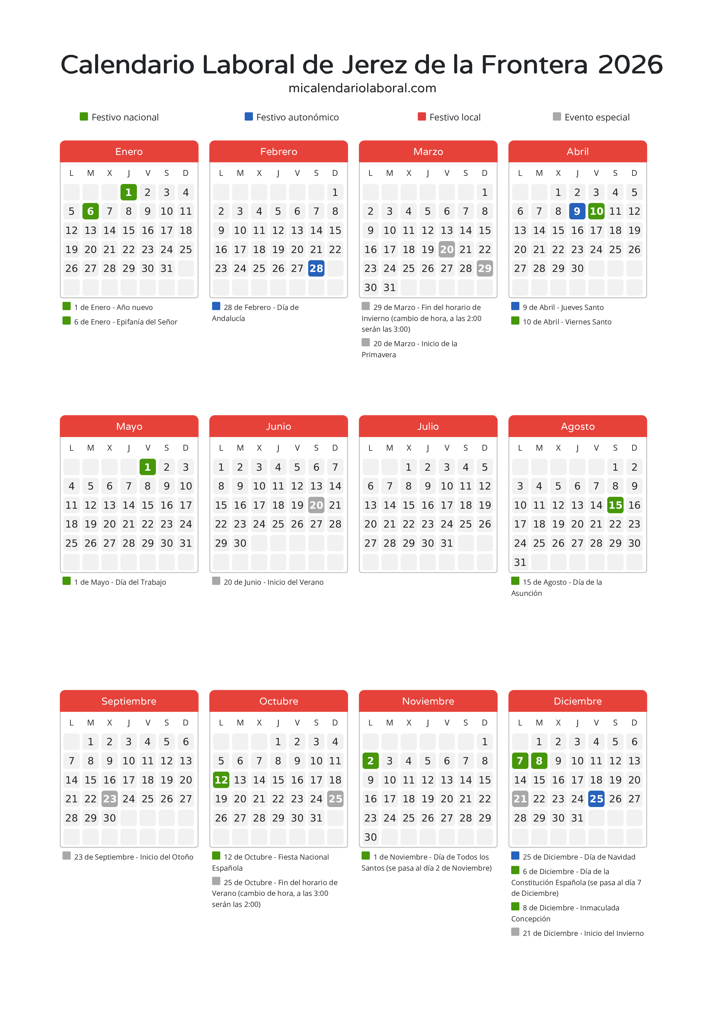 Calendario Laboral de Jerez de la Frontera 2026 - Días festivos - Descubre todos los festivos, días no laborables y días inhábiles en el calendario de Jerez de la Frontera propuestos por Junta de Andalucía. Organiza tus vacaciones y puentes en 2026.