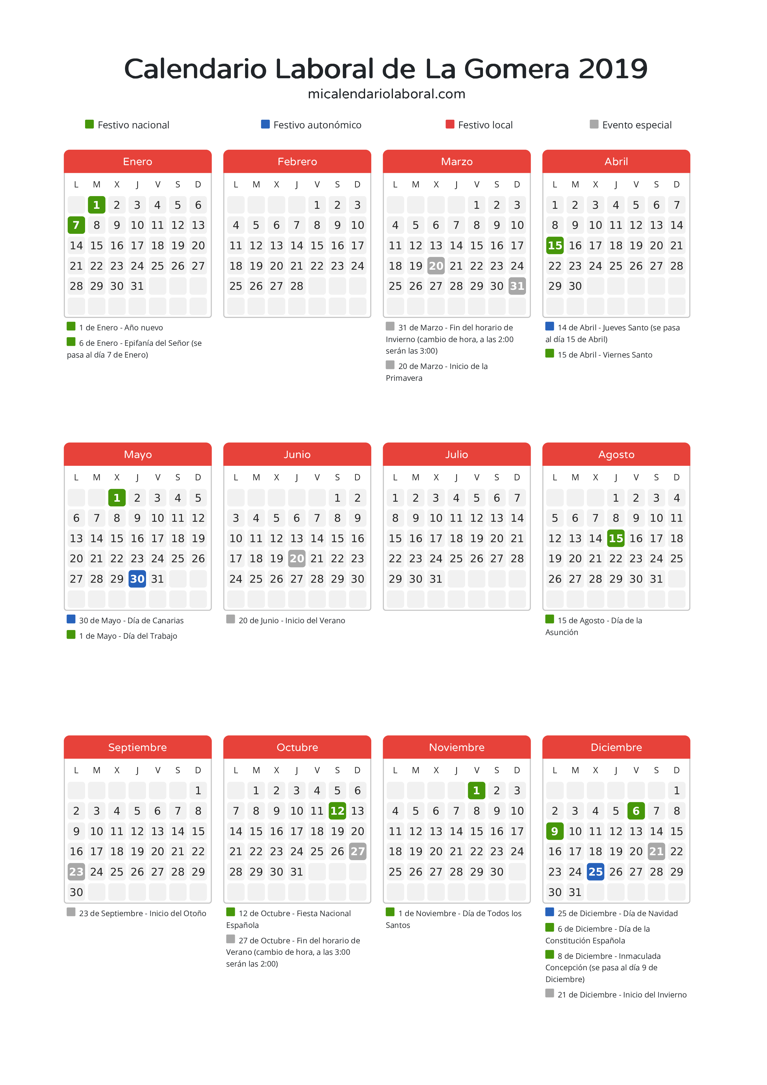 Calendario Laboral de La Gomera 2019 - Días festivos - Descubre todos los festivos, días no laborables y días inhábiles en el calendario de La Gomera propuestos por Gobierno de Canarias. Organiza tus vacaciones y puentes en 2019.