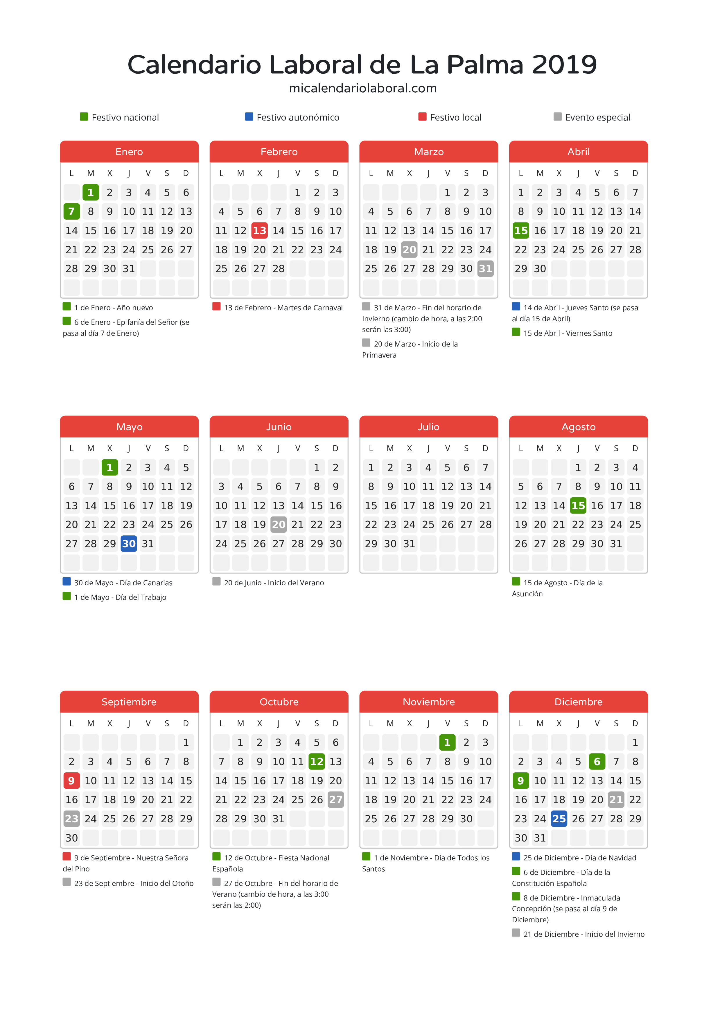 Calendario Laboral de La Palma 2019 - Días festivos - Descubre todos los festivos, días no laborables y días inhábiles en el calendario de La Palma propuestos por Gobierno de Canarias. Organiza tus vacaciones y puentes en 2019.
