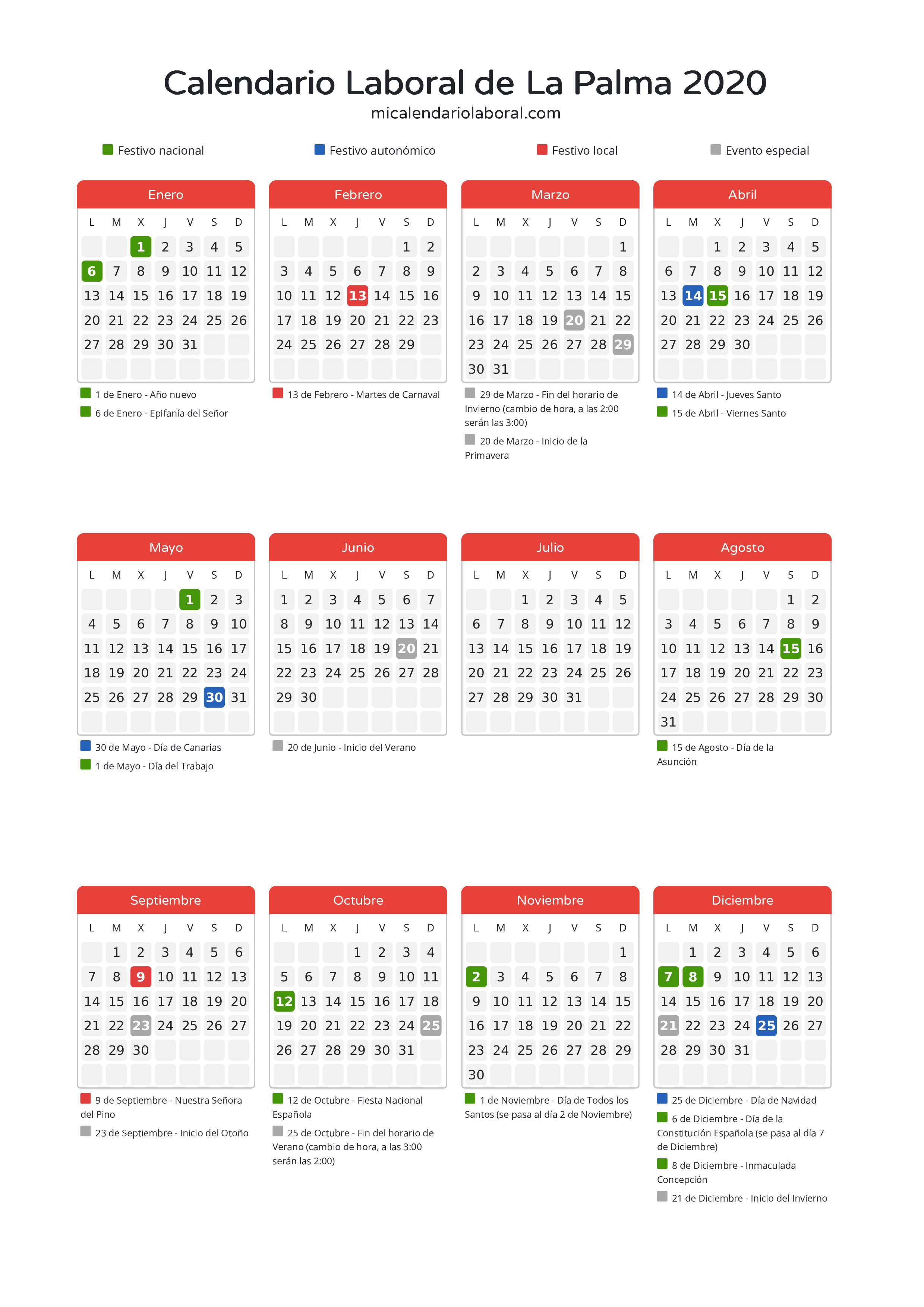 Calendario Laboral de La Palma 2020 - Días festivos - Descubre todos los festivos, días no laborables y días inhábiles en el calendario de La Palma propuestos por Gobierno de Canarias. Organiza tus vacaciones y puentes en 2020.