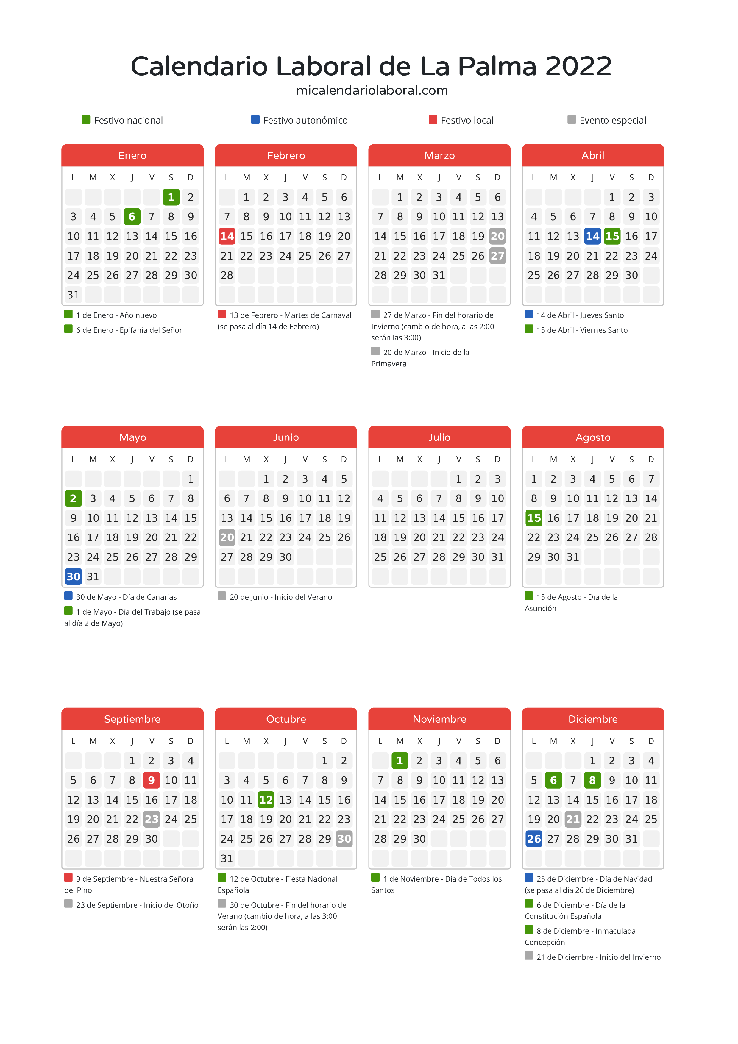 Calendario Laboral de La Palma 2022 - Días festivos - Descubre todos los festivos, días no laborables y días inhábiles en el calendario de La Palma propuestos por Gobierno de Canarias. Organiza tus vacaciones y puentes en 2022.