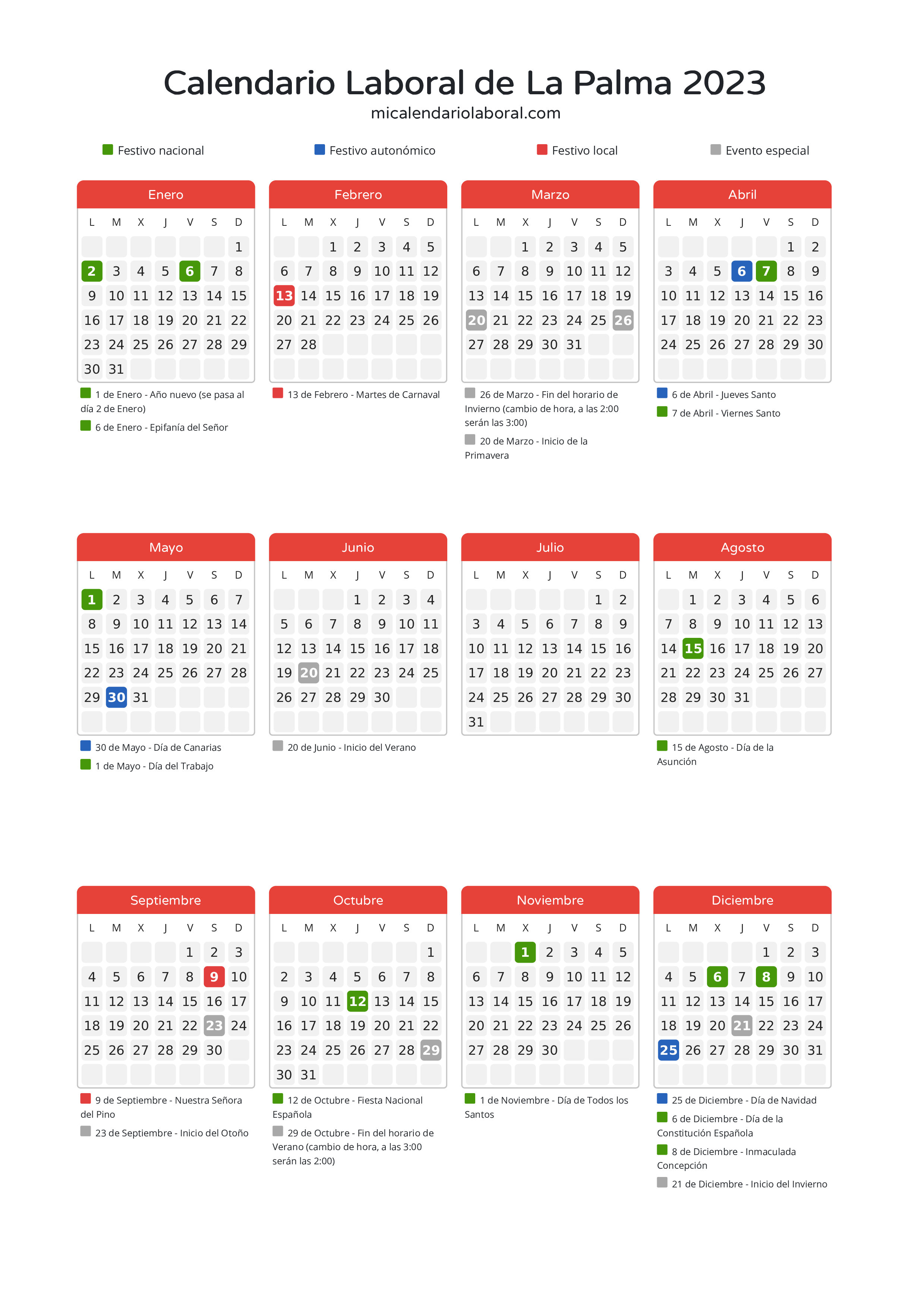 Calendario Laboral de La Palma 2023 - Días festivos - Descubre todos los festivos, días no laborables y días inhábiles en el calendario de La Palma propuestos por Gobierno de Canarias. Organiza tus vacaciones y puentes en 2023.