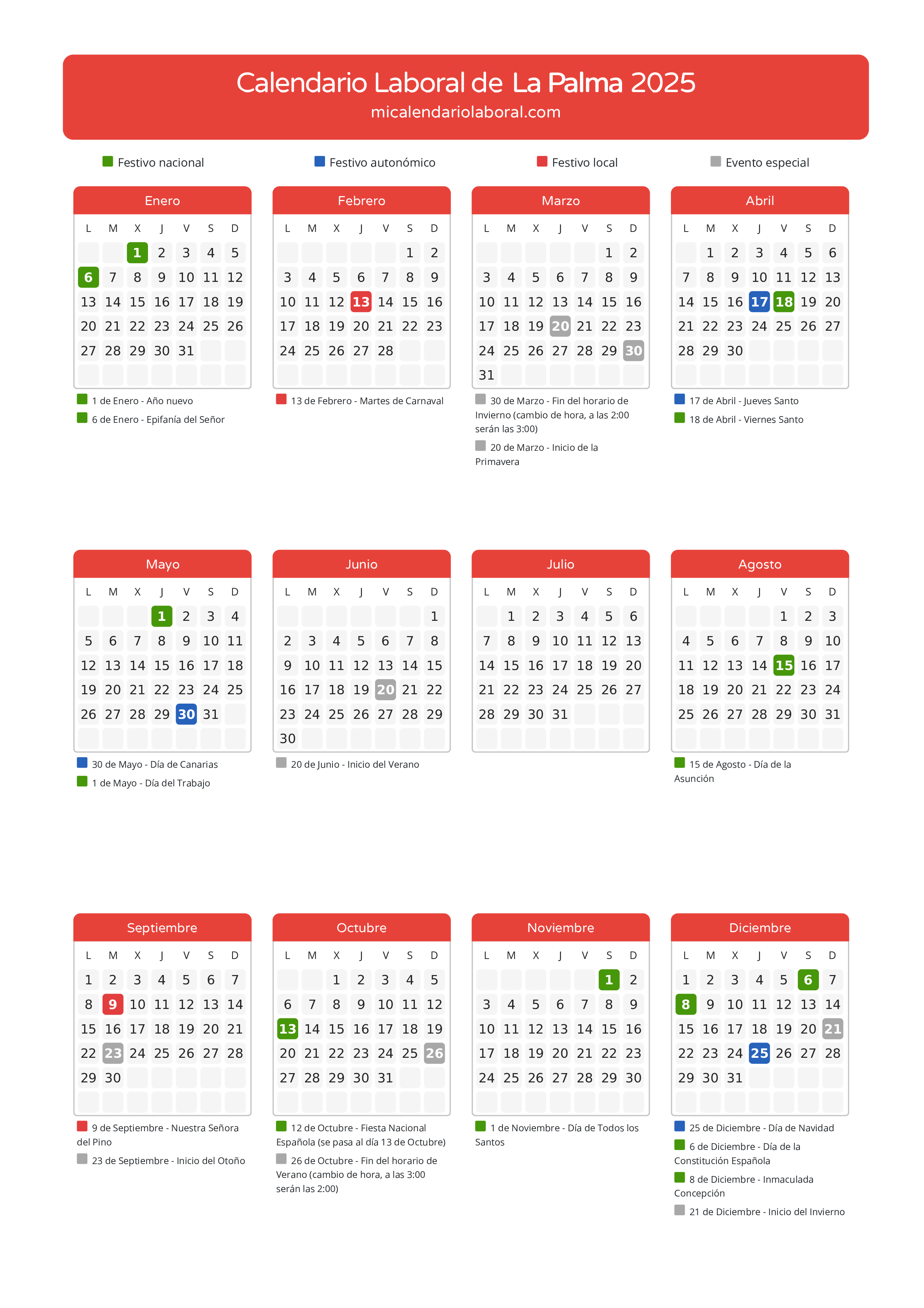 Calendario Laboral de La Palma 2025 - Días festivos - Descubre todos los festivos, días no laborables y días inhábiles en el calendario de La Palma propuestos por Gobierno de Canarias. Organiza tus vacaciones y puentes en 2025.