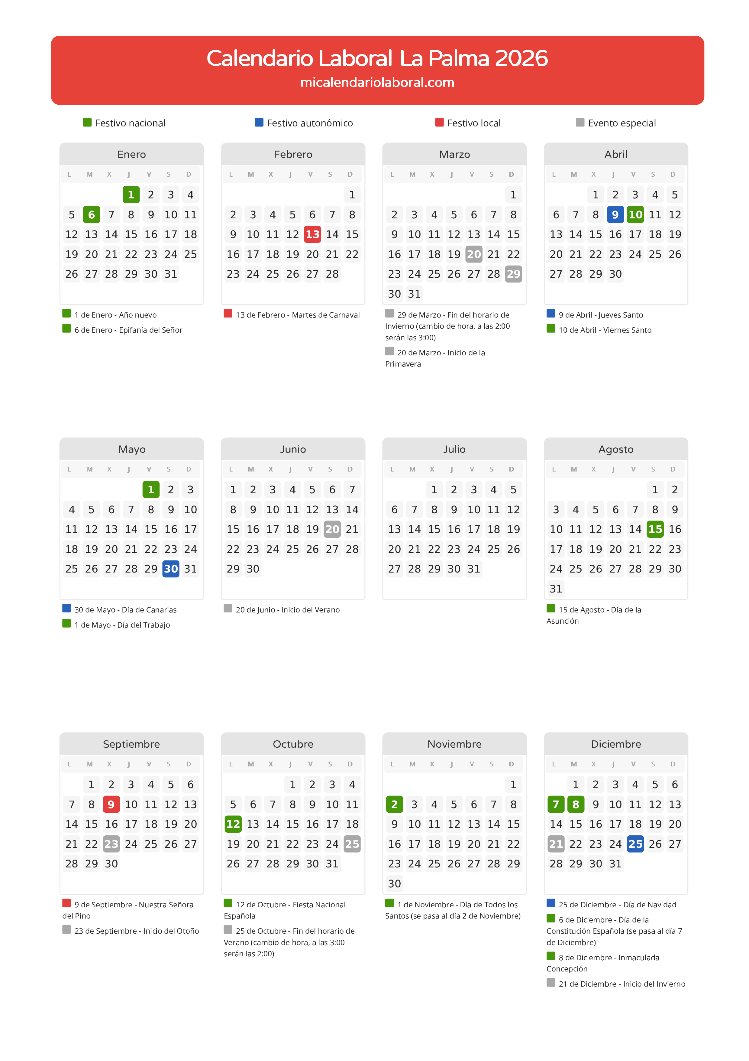 Calendario Laboral de La Palma 2026 - Días festivos - Todos los festivos y días no laborables del calendario de La Palma propuestos por Gobierno de Canarias. Organiza tus vacaciones y puentes en 2026.
