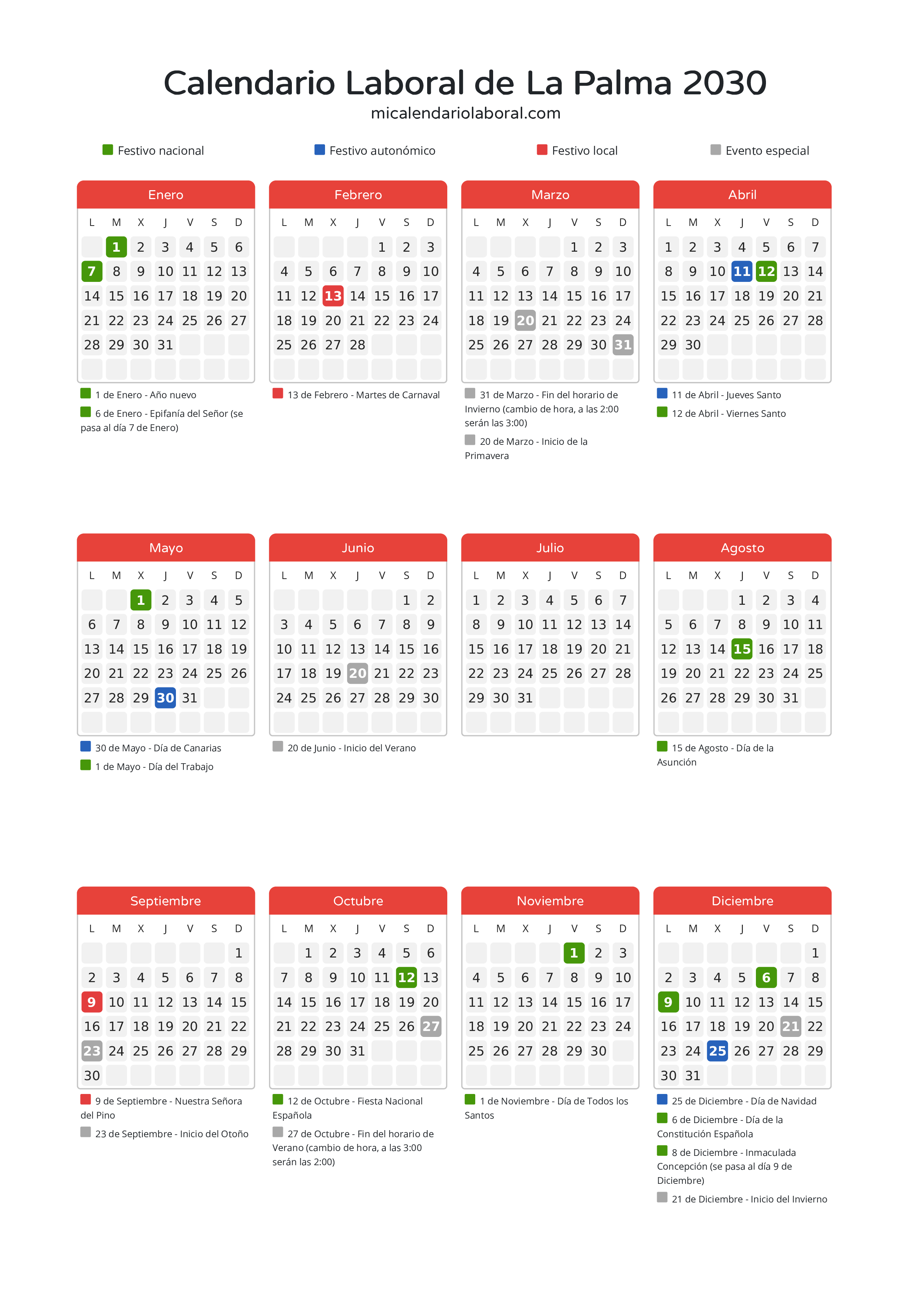 Calendario Laboral de La Palma 2030 - Días festivos - Todos los festivos y días no laborables del calendario de La Palma propuestos por Gobierno de Canarias. Organiza tus vacaciones y puentes en 2030.