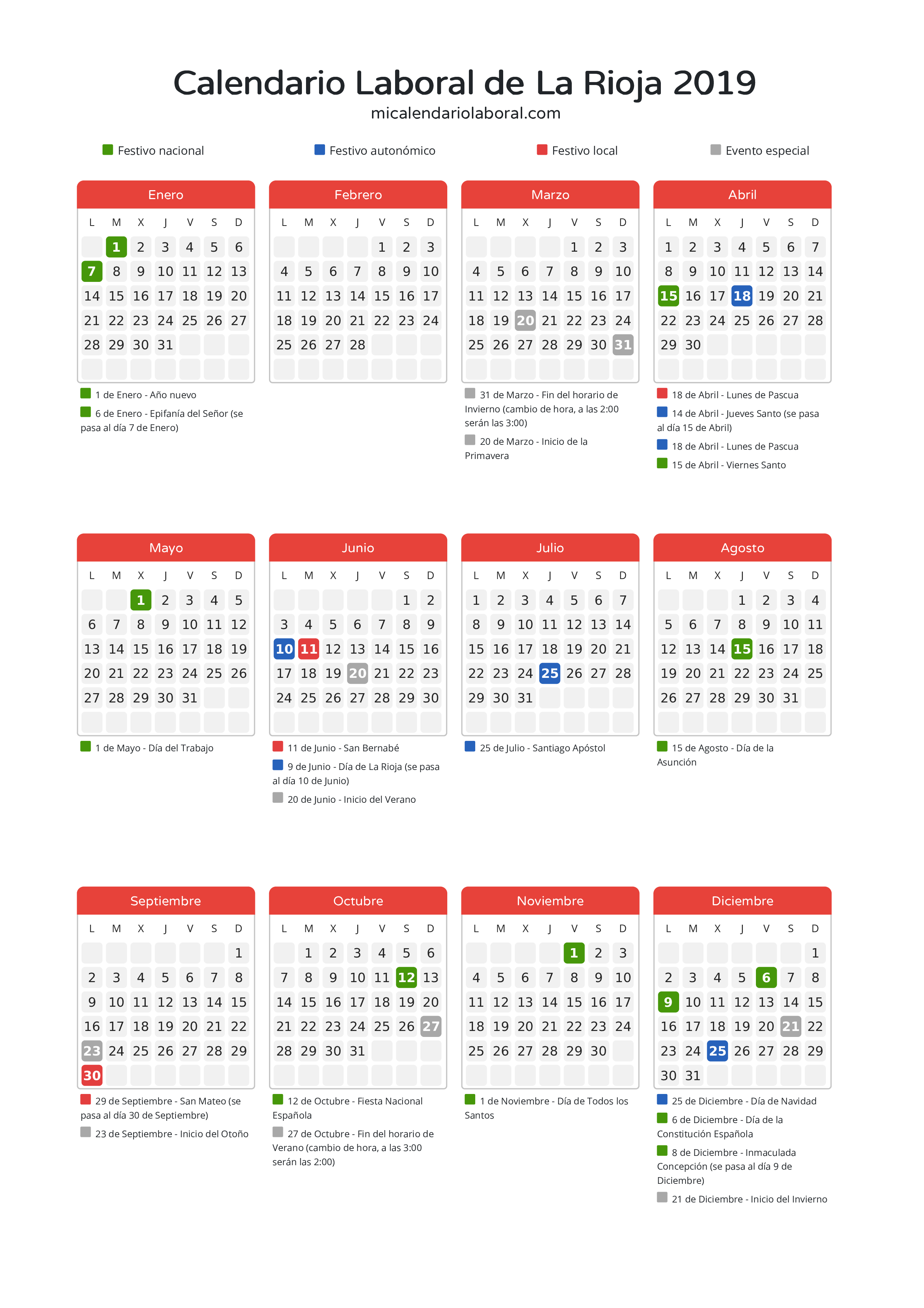 Calendario Laboral de La Rioja 2019 - Días festivos - Descubre todos los festivos, días no laborables y días inhábiles en el calendario de La Rioja propuestos por Gobierno de La Rioja. Organiza tus vacaciones y puentes en 2019.