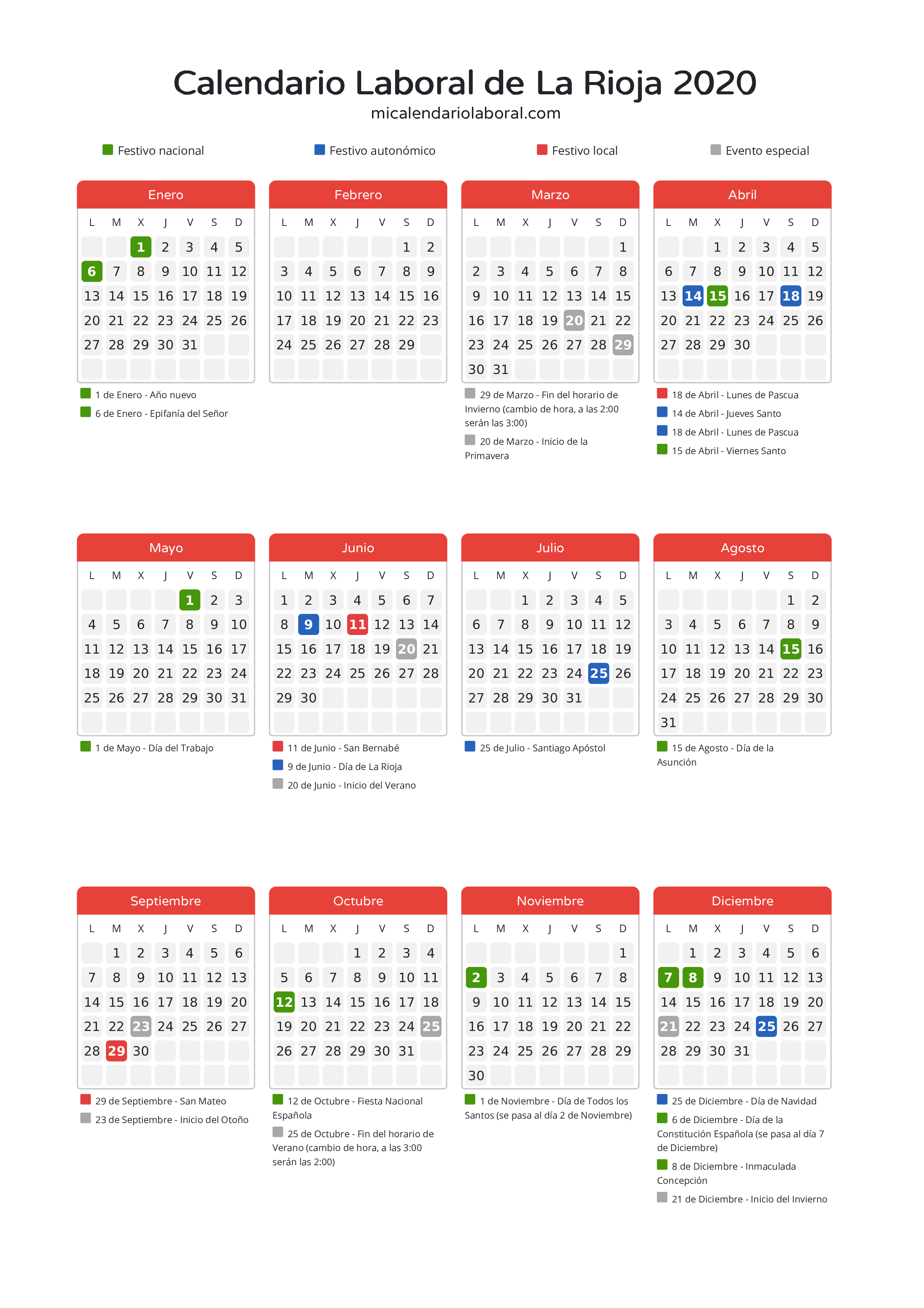 Calendario Laboral de La Rioja 2020 - Días festivos - Descubre todos los festivos, días no laborables y días inhábiles en el calendario de La Rioja propuestos por Gobierno de La Rioja. Organiza tus vacaciones y puentes en 2020.