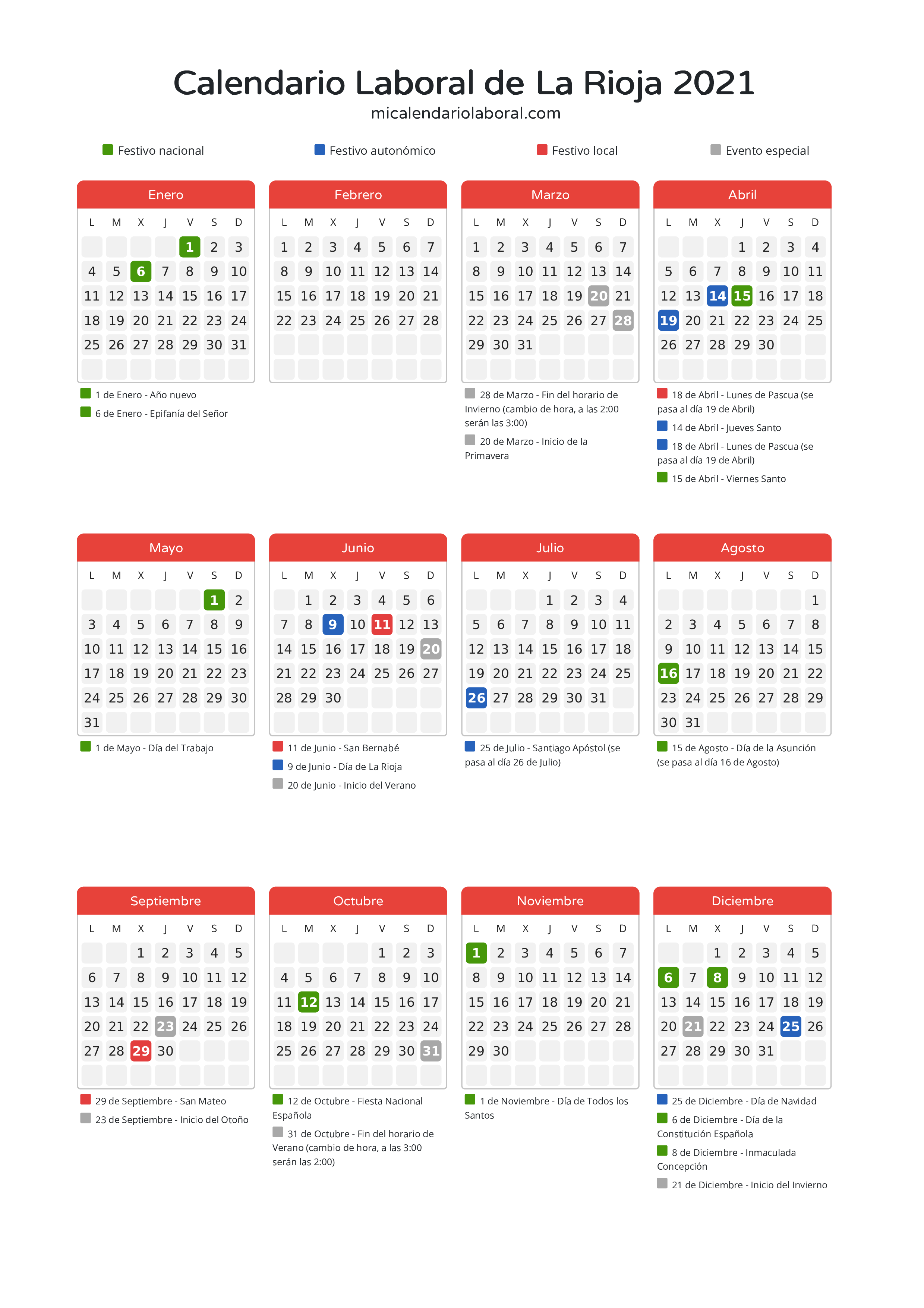 Calendario Laboral de La Rioja 2021 - Días festivos - Todos los festivos y días no laborables del calendario de La Rioja propuestos por Gobierno de La Rioja. Organiza tus vacaciones y puentes en 2021.