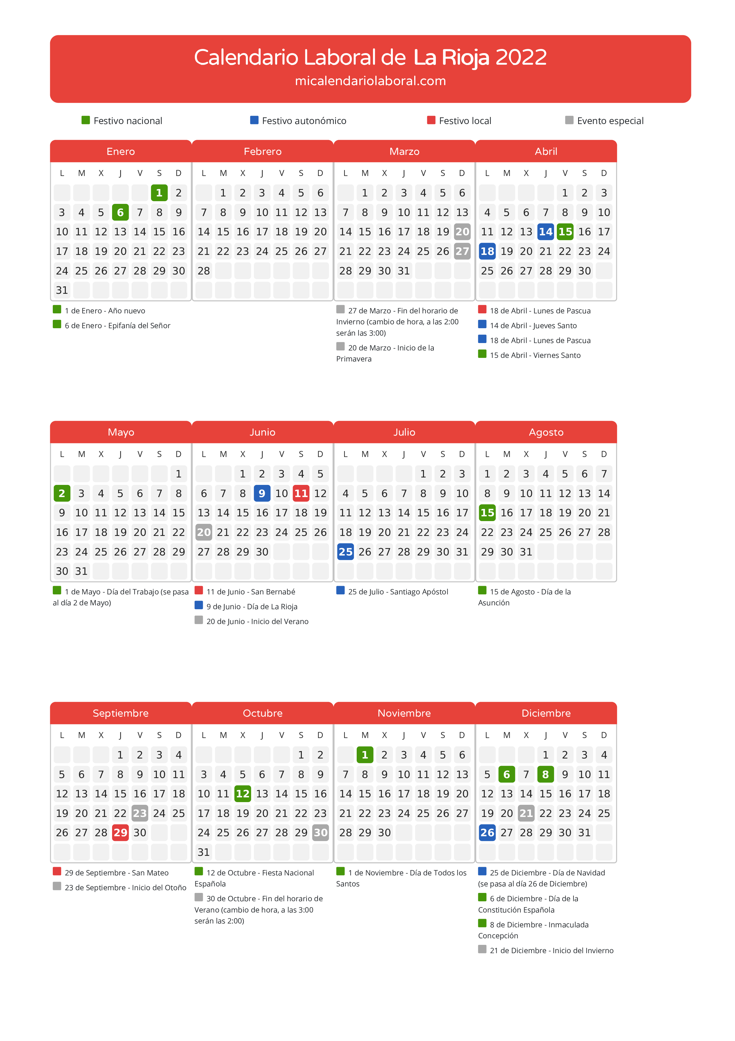 Calendario Laboral de La Rioja 2022 - Días festivos - Todos los festivos y días no laborables del calendario de La Rioja propuestos por Gobierno de La Rioja. Organiza tus vacaciones y puentes en 2022.