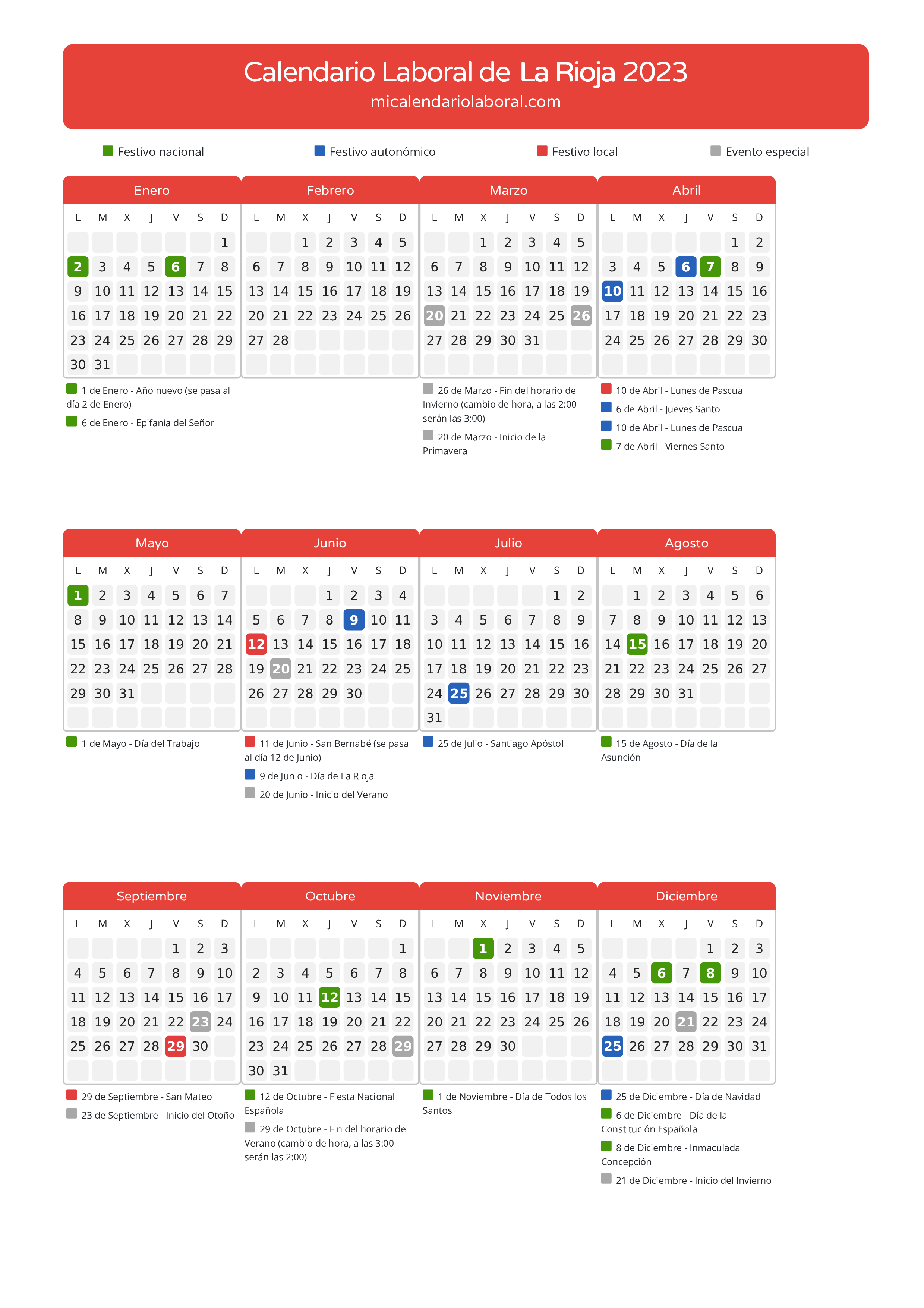 Calendario Laboral de La Rioja 2023 - Días festivos - Descubre todos los festivos, días no laborables y días inhábiles en el calendario de La Rioja propuestos por Gobierno de La Rioja. Organiza tus vacaciones y puentes en 2023.