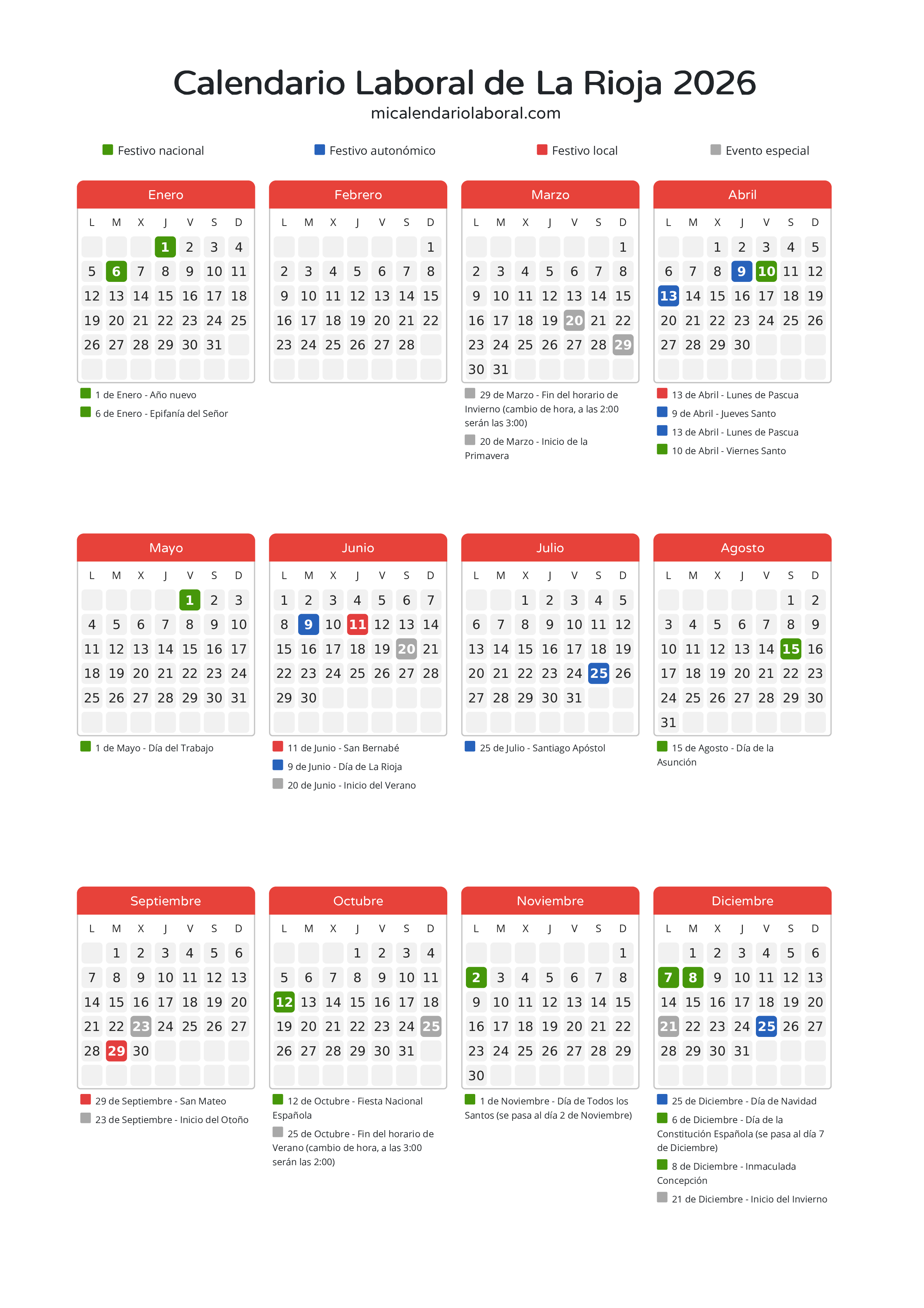 Calendario Laboral de La Rioja 2026 - Días festivos - Descubre todos los festivos, días no laborables y días inhábiles en el calendario de La Rioja propuestos por Gobierno de La Rioja. Organiza tus vacaciones y puentes en 2026.