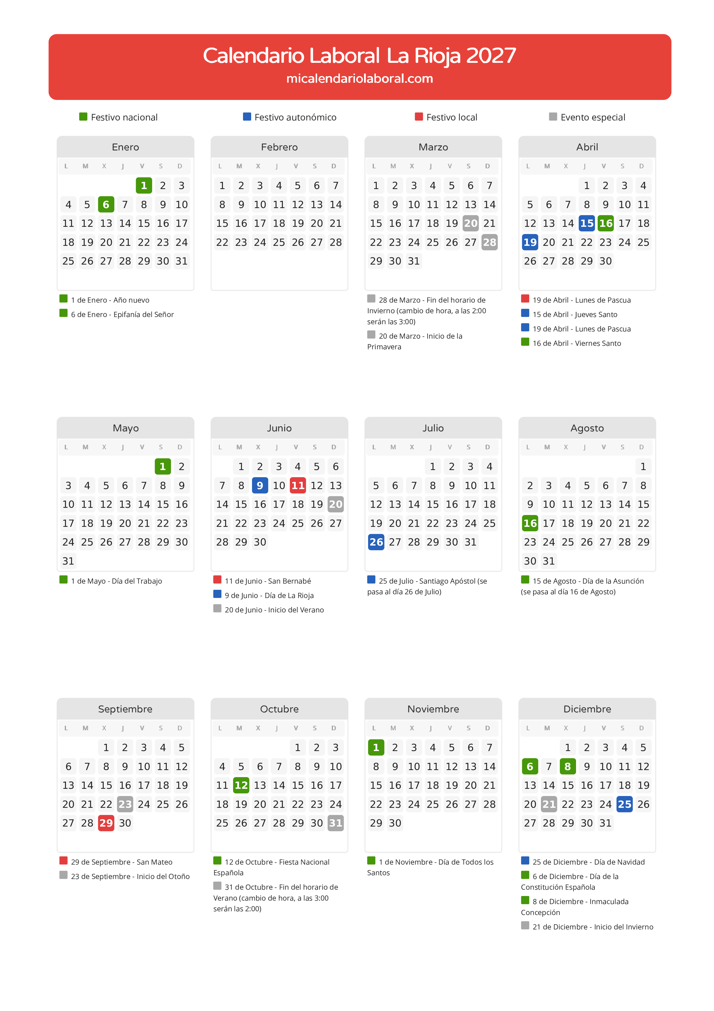 Calendario Laboral de La Rioja 2027 - Días festivos - Todos los festivos y días no laborables del calendario de La Rioja propuestos por Gobierno de La Rioja. Organiza tus vacaciones y puentes en 2027.