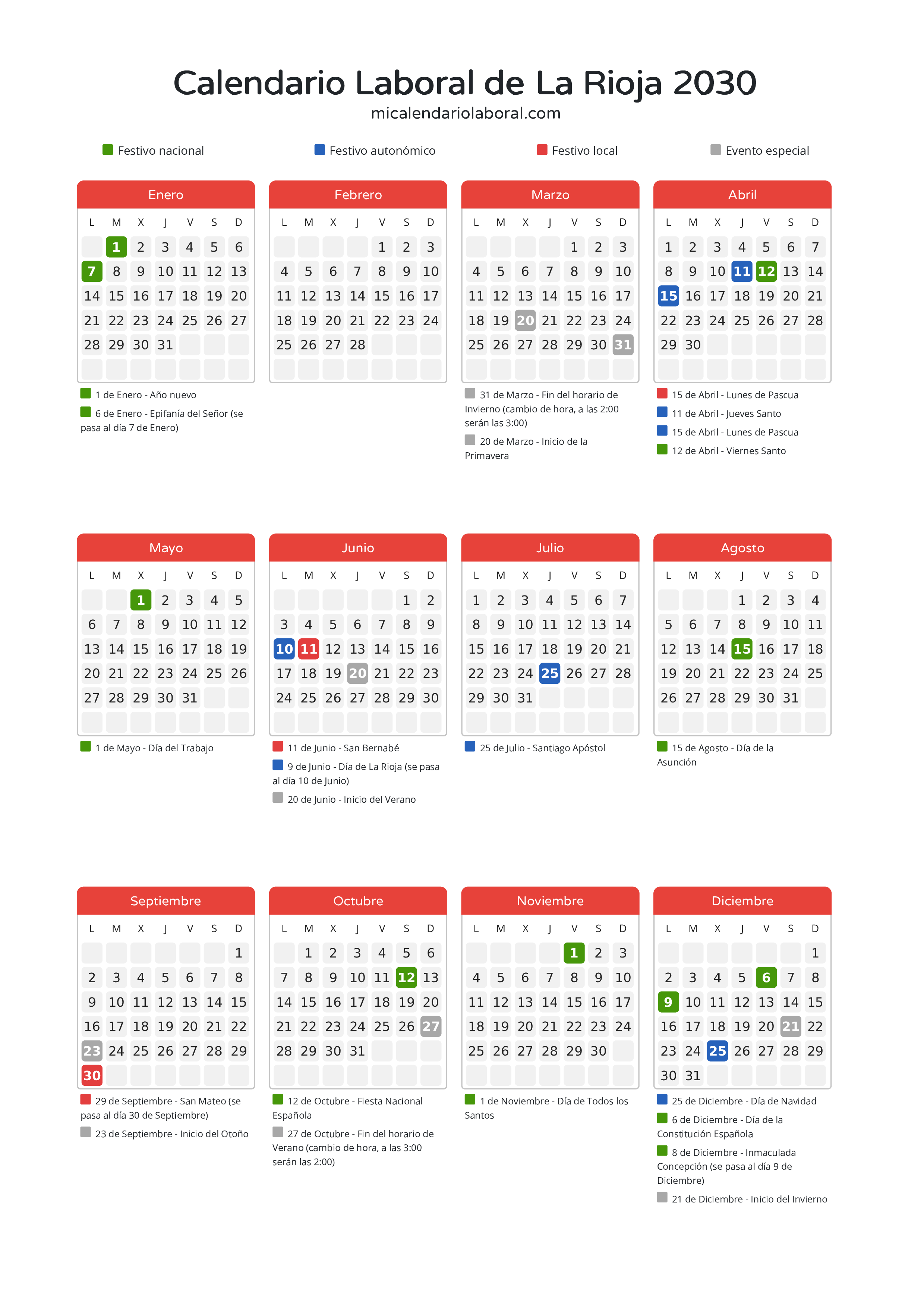 Calendario Laboral de La Rioja 2030 - Días festivos - Todos los festivos y días no laborables del calendario de La Rioja propuestos por Gobierno de La Rioja. Organiza tus vacaciones y puentes en 2030.