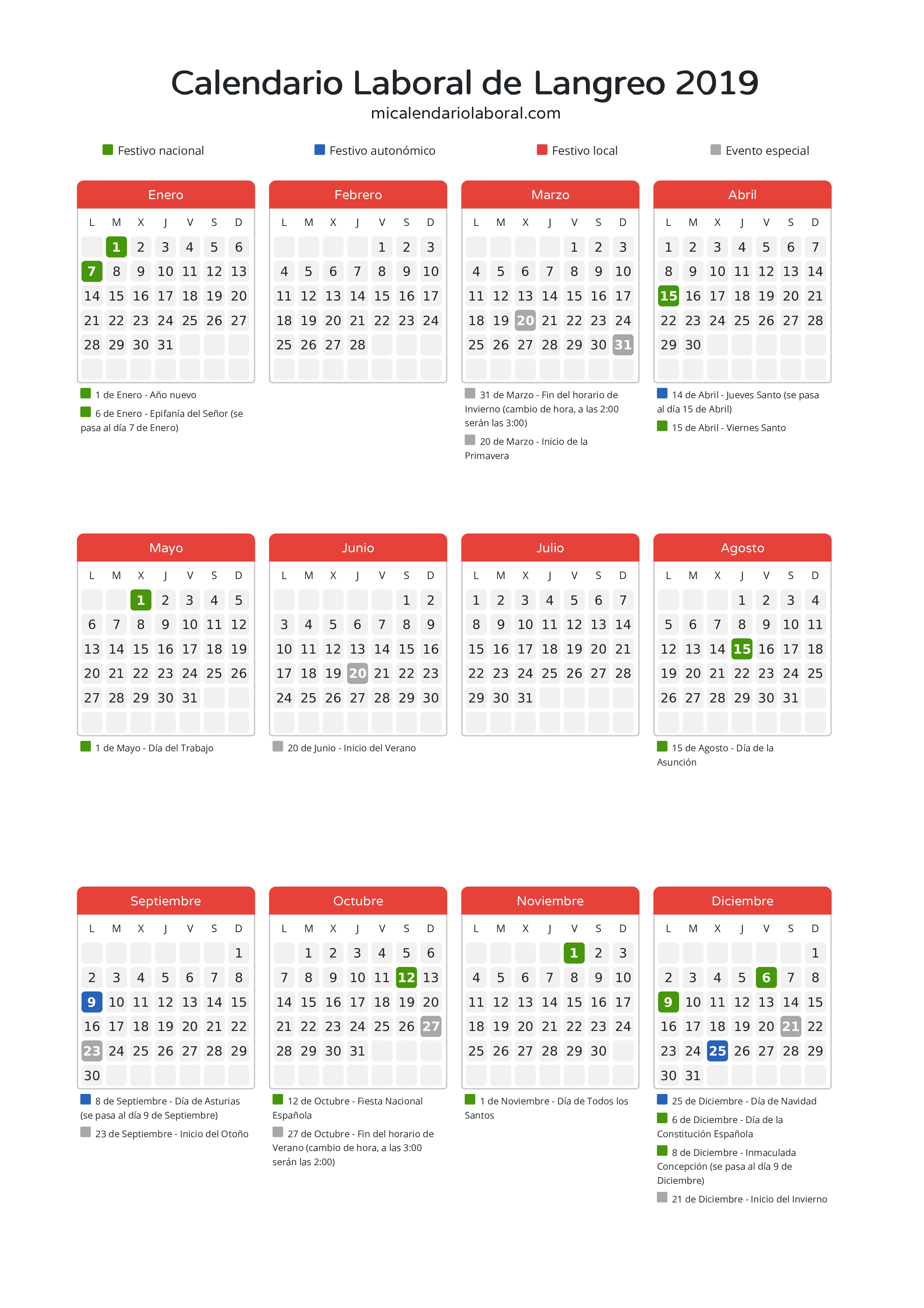 Calendario Laboral de Langreo 2019 - Días festivos - Descubre todos los festivos, días no laborables y días inhábiles en el calendario de Langreo propuestos por Gobierno del Principado de Asturias. Organiza tus vacaciones y puentes en 2019.