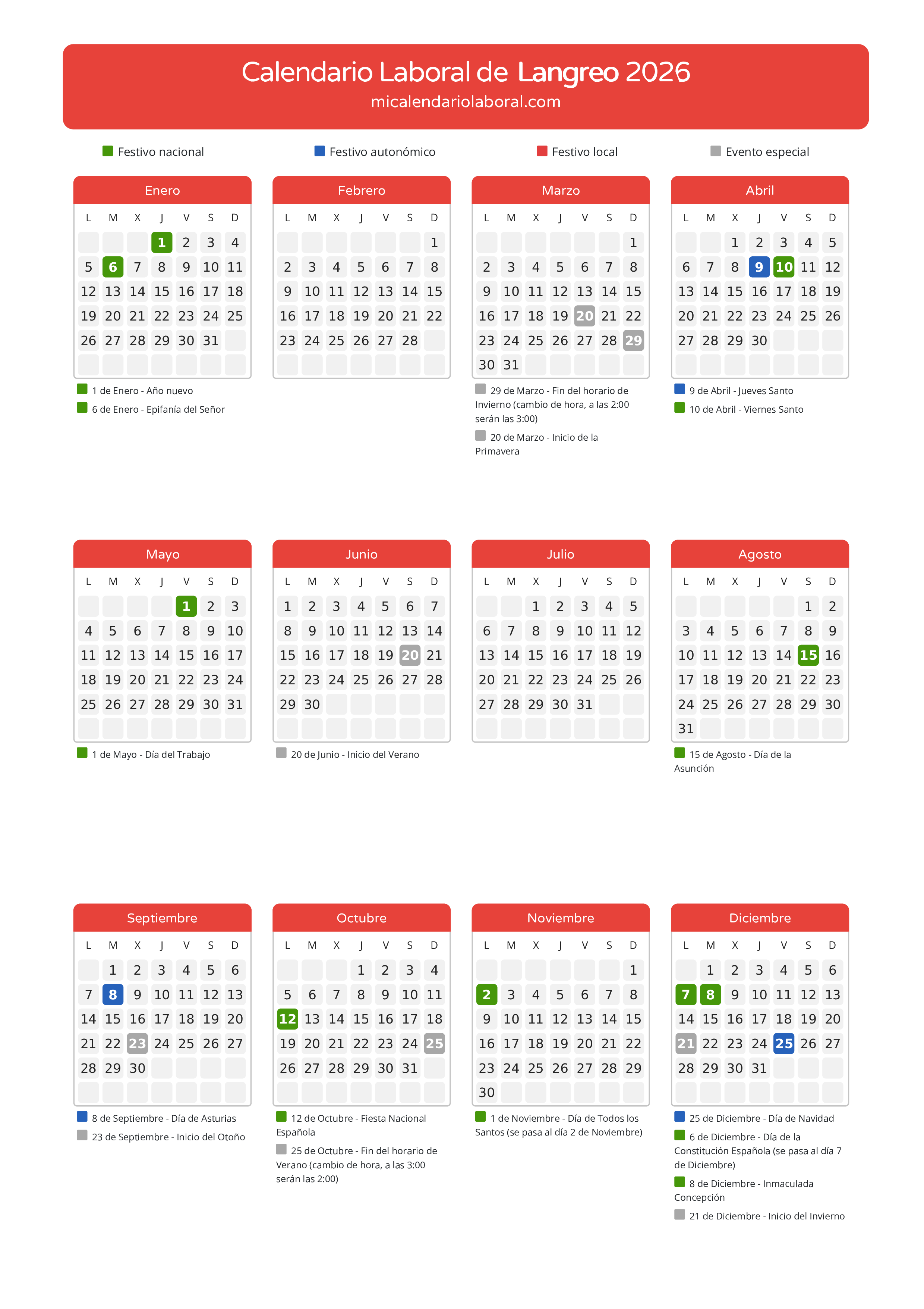 Calendario Laboral de Langreo 2026 - Días festivos - Descubre todos los festivos, días no laborables y días inhábiles en el calendario de Langreo propuestos por Gobierno del Principado de Asturias. Organiza tus vacaciones y puentes en 2026.