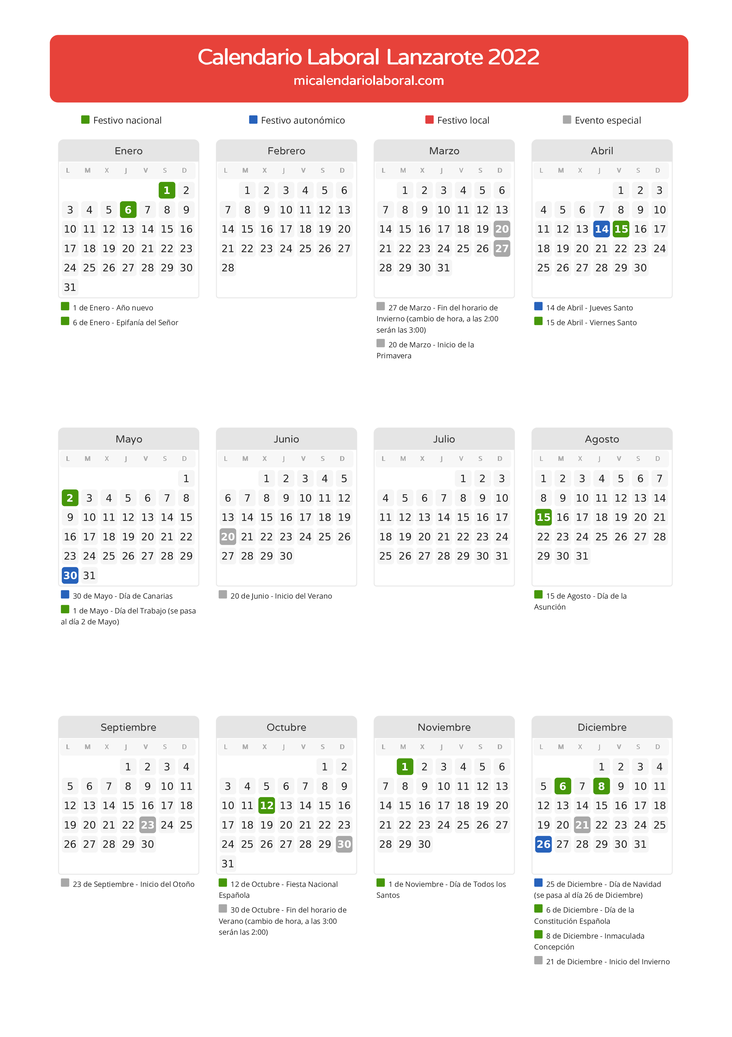Calendario Laboral de Lanzarote 2022 - Días festivos - Todos los festivos y días no laborables del calendario de Lanzarote propuestos por Gobierno de Canarias. Organiza tus vacaciones y puentes en 2022.
