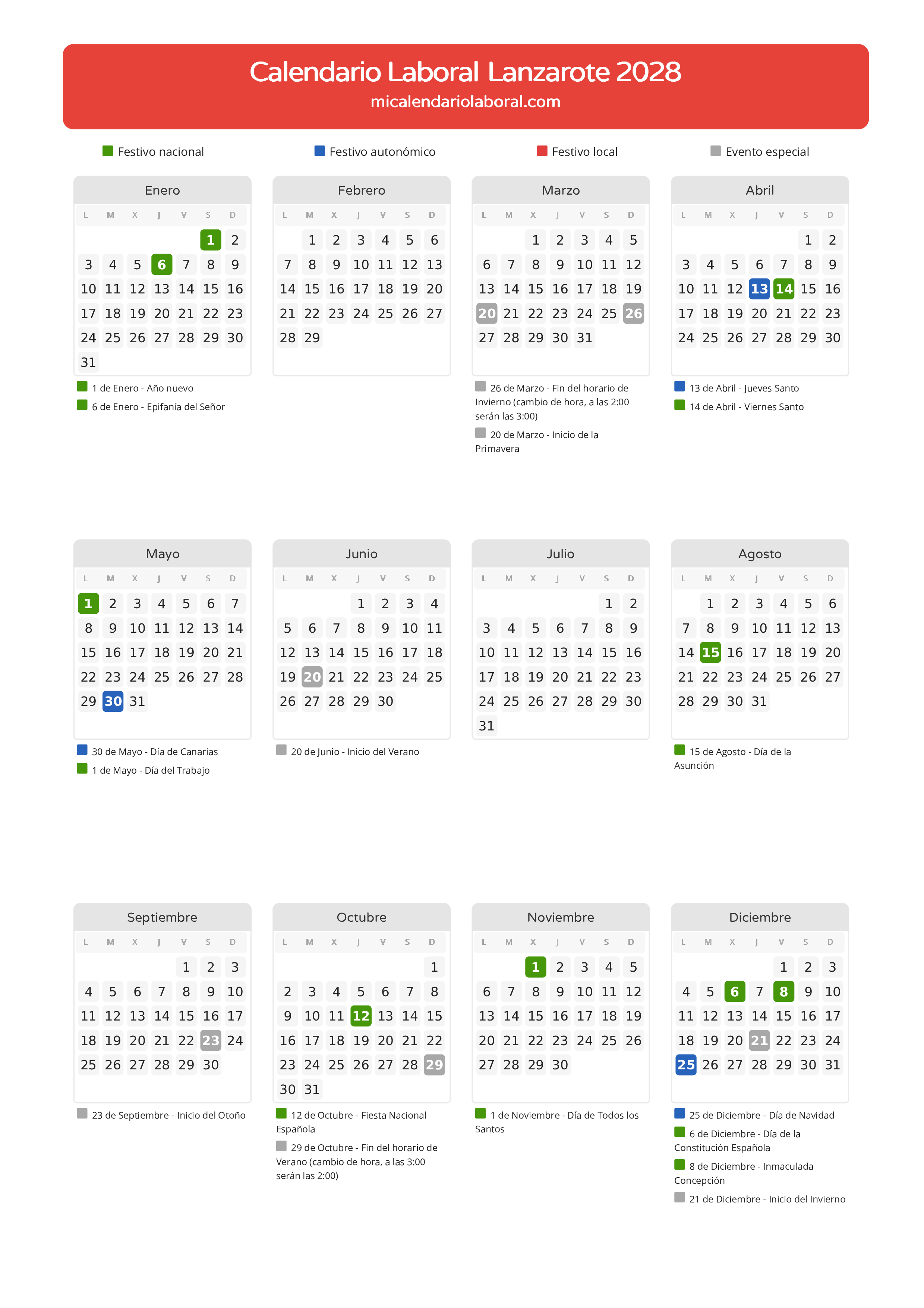 Calendario Laboral de Lanzarote 2028 - Días festivos - Todos los festivos y días no laborables del calendario de Lanzarote propuestos por Gobierno de Canarias. Organiza tus vacaciones y puentes en 2028.