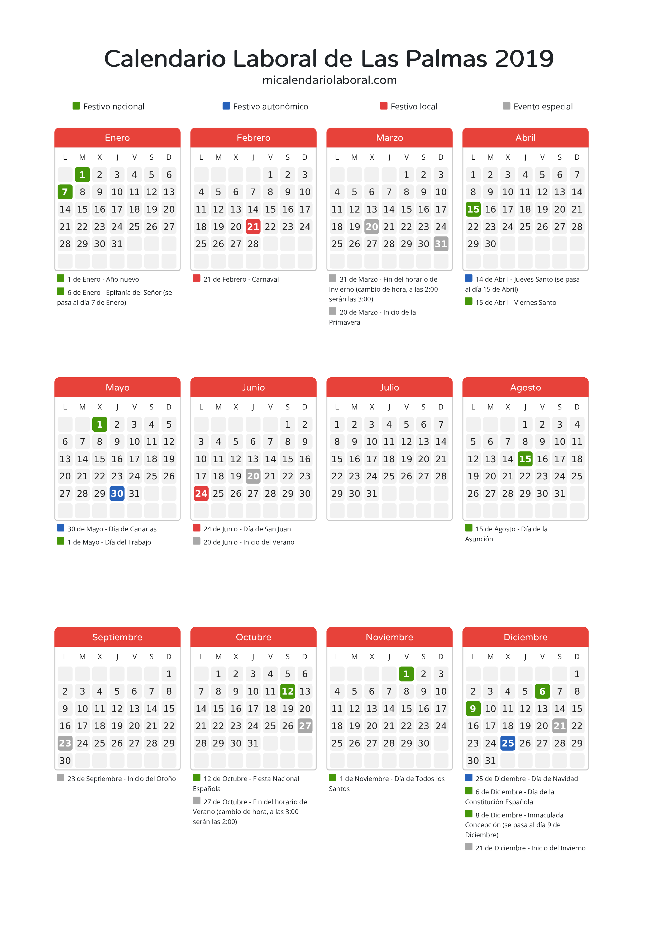 Calendario Laboral de Las Palmas 2019 - Días festivos - Descubre todos los festivos, días no laborables y días inhábiles en el calendario de Las Palmas propuestos por Gobierno de Canarias. Organiza tus vacaciones y puentes en 2019.