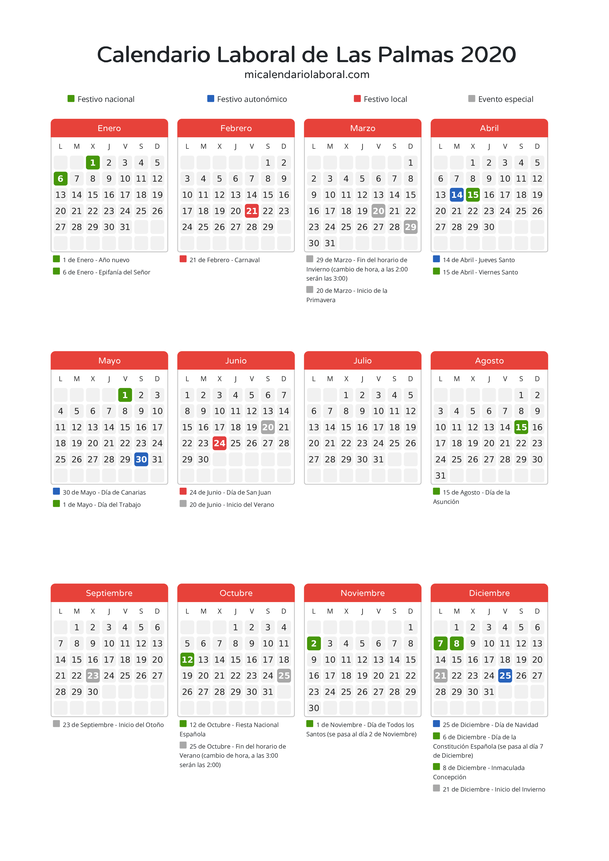 Calendario Laboral de Las Palmas 2020 - Días festivos - Descubre todos los festivos, días no laborables y días inhábiles en el calendario de Las Palmas propuestos por Gobierno de Canarias. Organiza tus vacaciones y puentes en 2020.