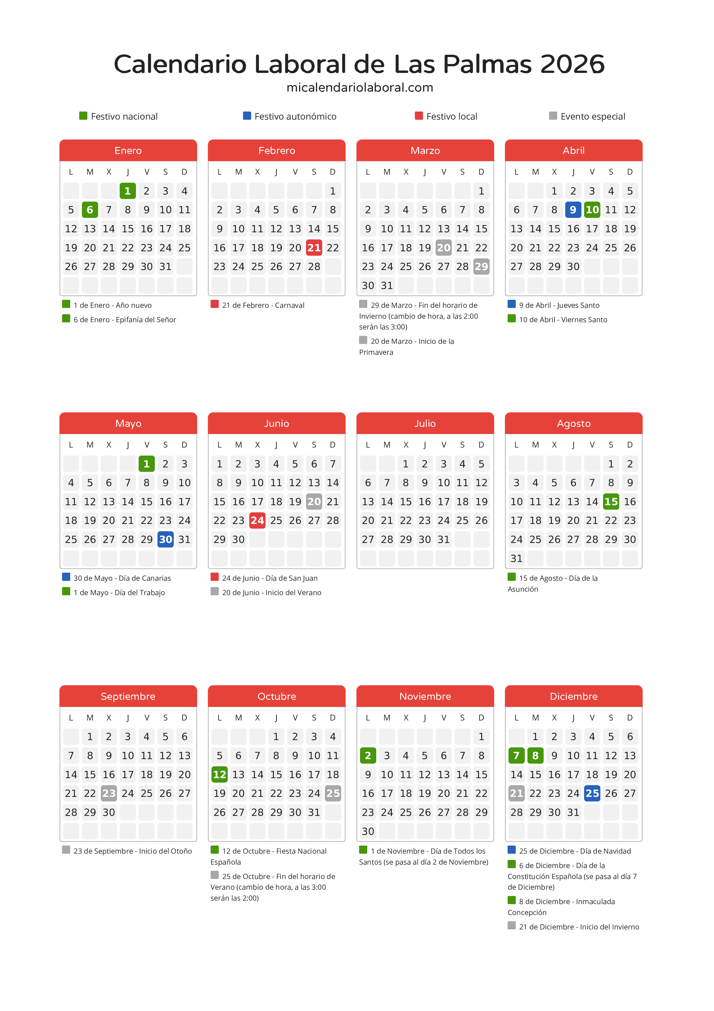 Calendario Laboral de Las Palmas 2026 - Días festivos - Descubre todos los festivos, días no laborables y días inhábiles en el calendario de Las Palmas propuestos por Gobierno de Canarias. Organiza tus vacaciones y puentes en 2026.