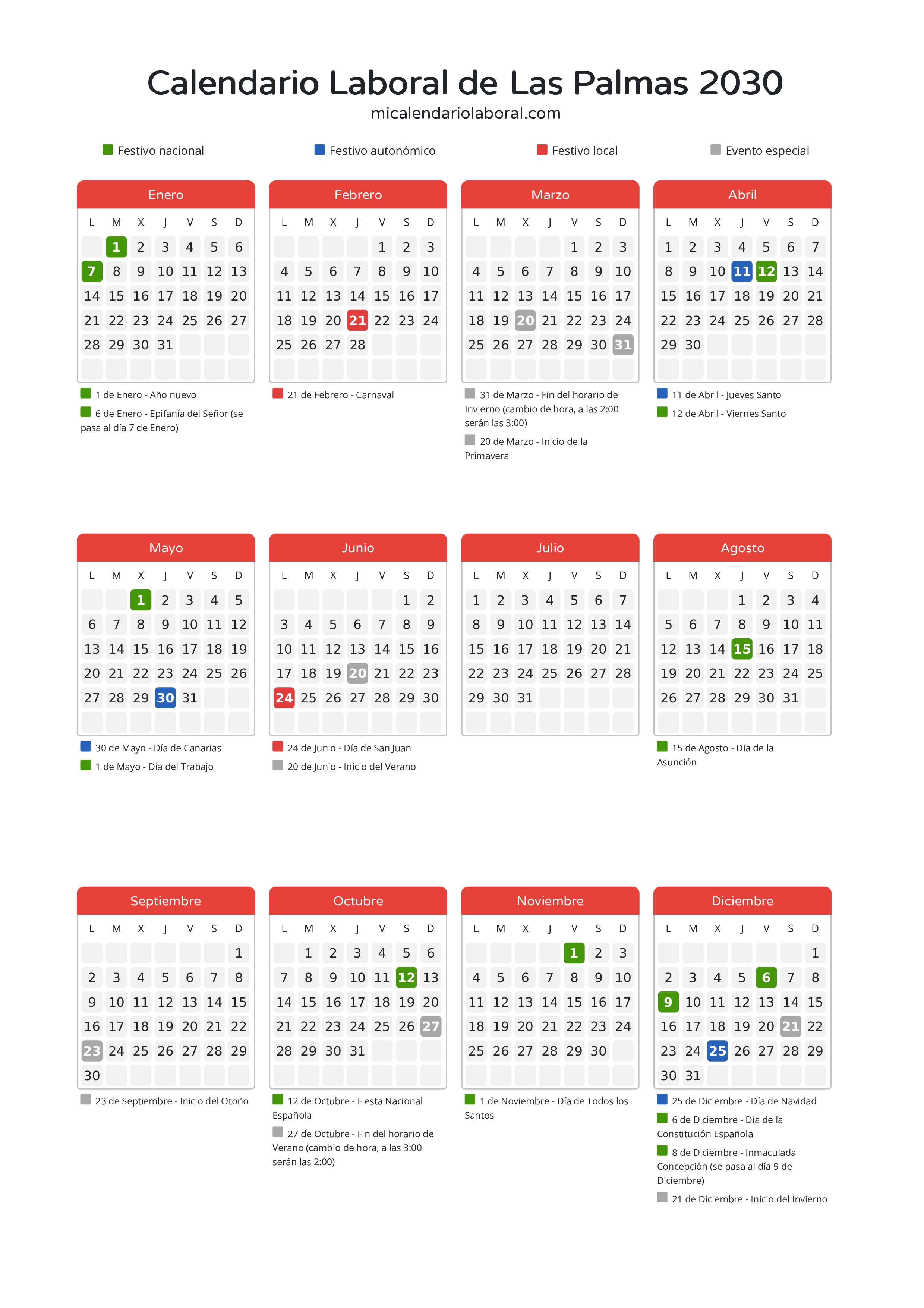 Calendario Laboral de Las Palmas 2030 - Días festivos - Todos los festivos y días no laborables del calendario de Las Palmas propuestos por Gobierno de Canarias. Organiza tus vacaciones y puentes en 2030.