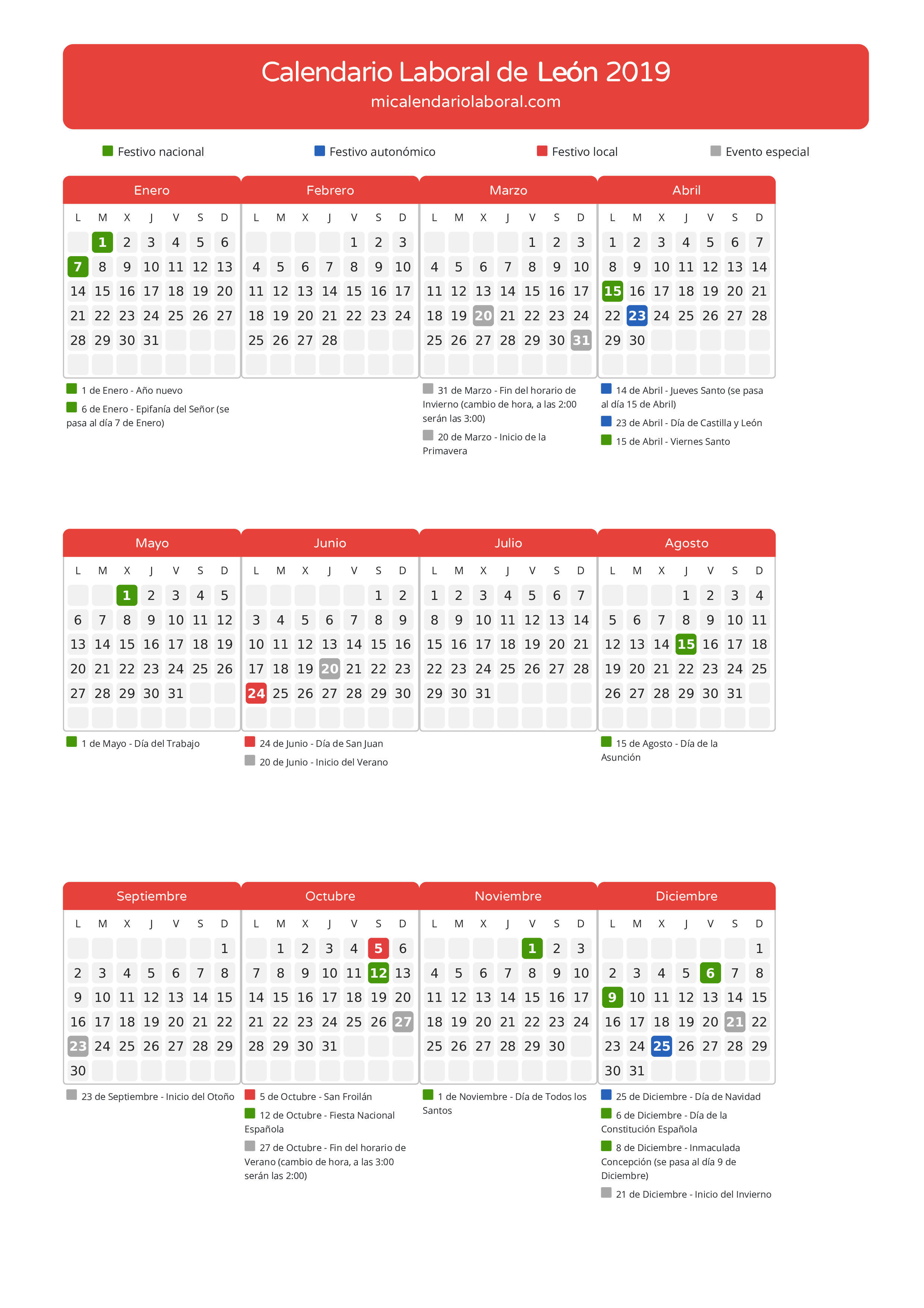 Calendario Laboral de León 2019 - Días festivos - Descubre todos los festivos, días no laborables y días inhábiles en el calendario de León propuestos por Junta de Castilla y León. Organiza tus vacaciones y puentes en 2019.