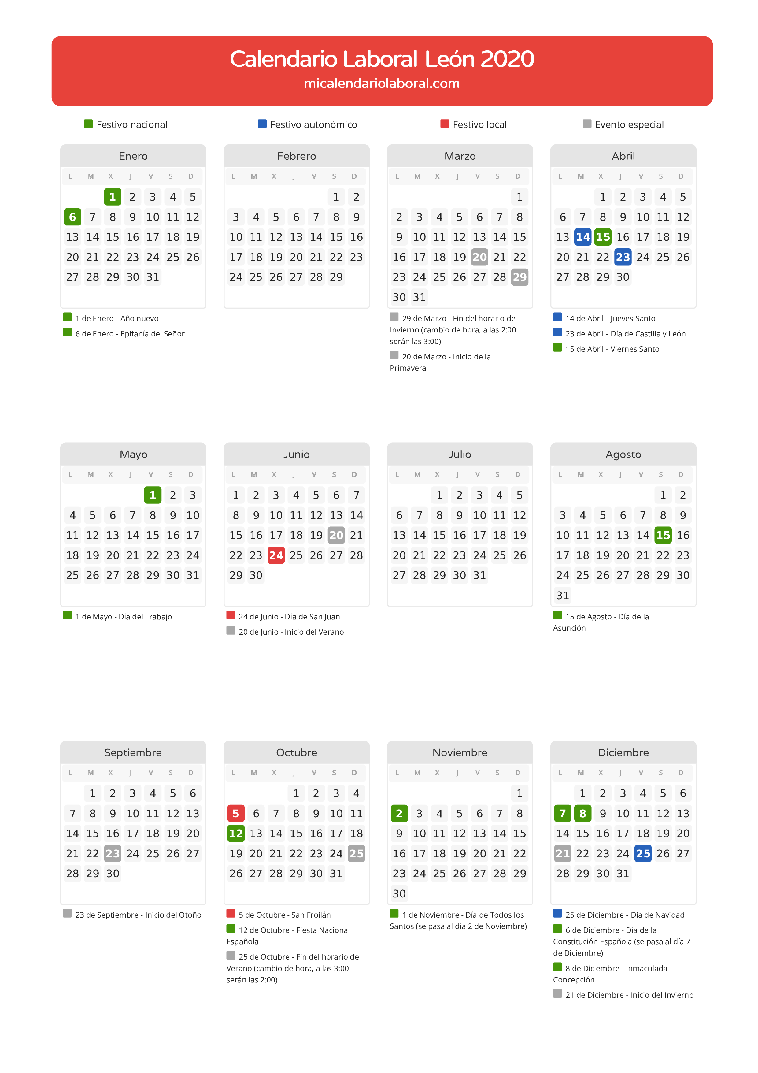 Calendario Laboral de León 2020 - Días festivos - Todos los festivos y días no laborables del calendario de León propuestos por Junta de Castilla y León. Organiza tus vacaciones y puentes en 2020.