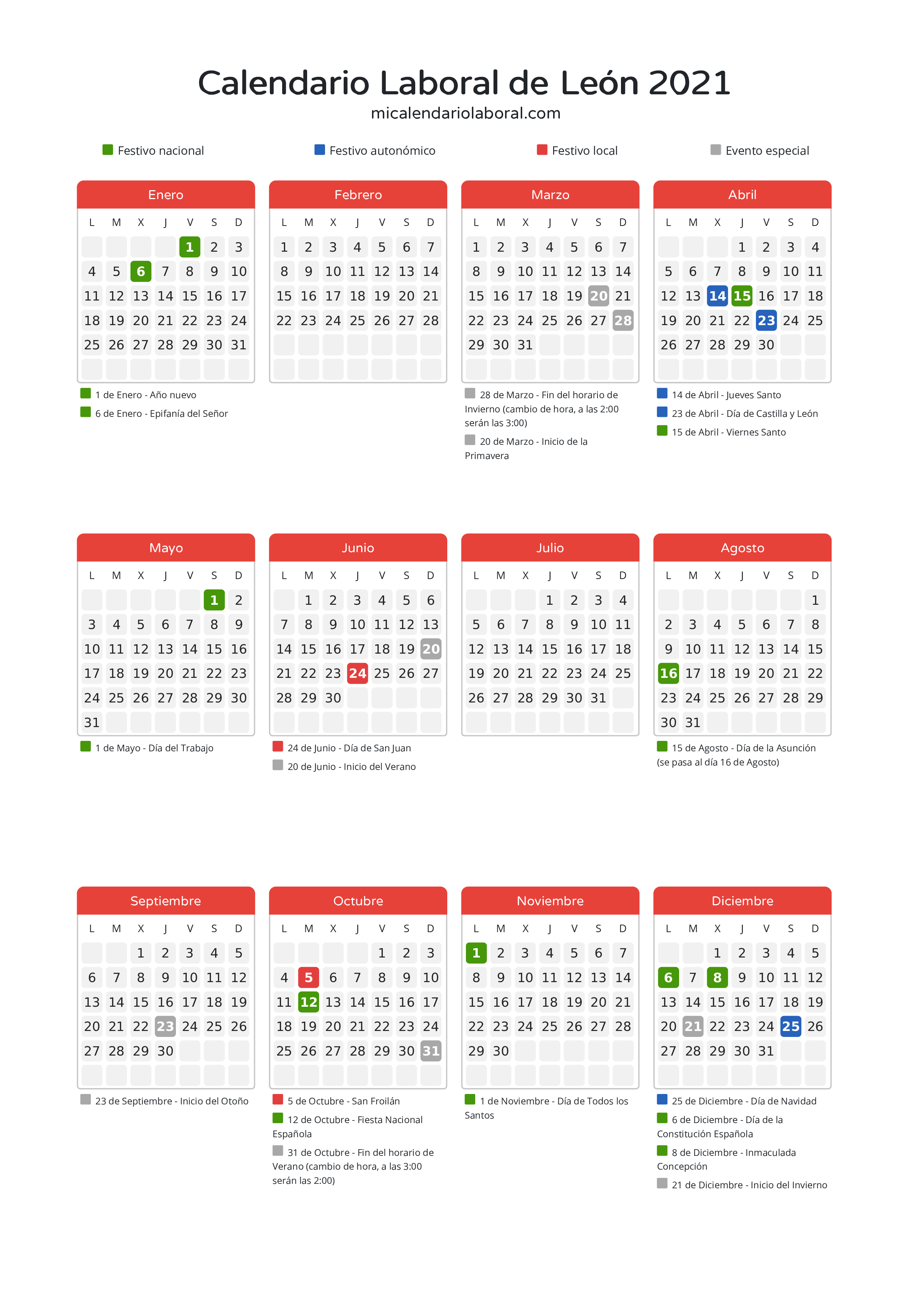 Calendario Laboral de León 2021 - Días festivos - Descubre todos los festivos, días no laborables y días inhábiles en el calendario de León propuestos por Junta de Castilla y León. Organiza tus vacaciones y puentes en 2021.